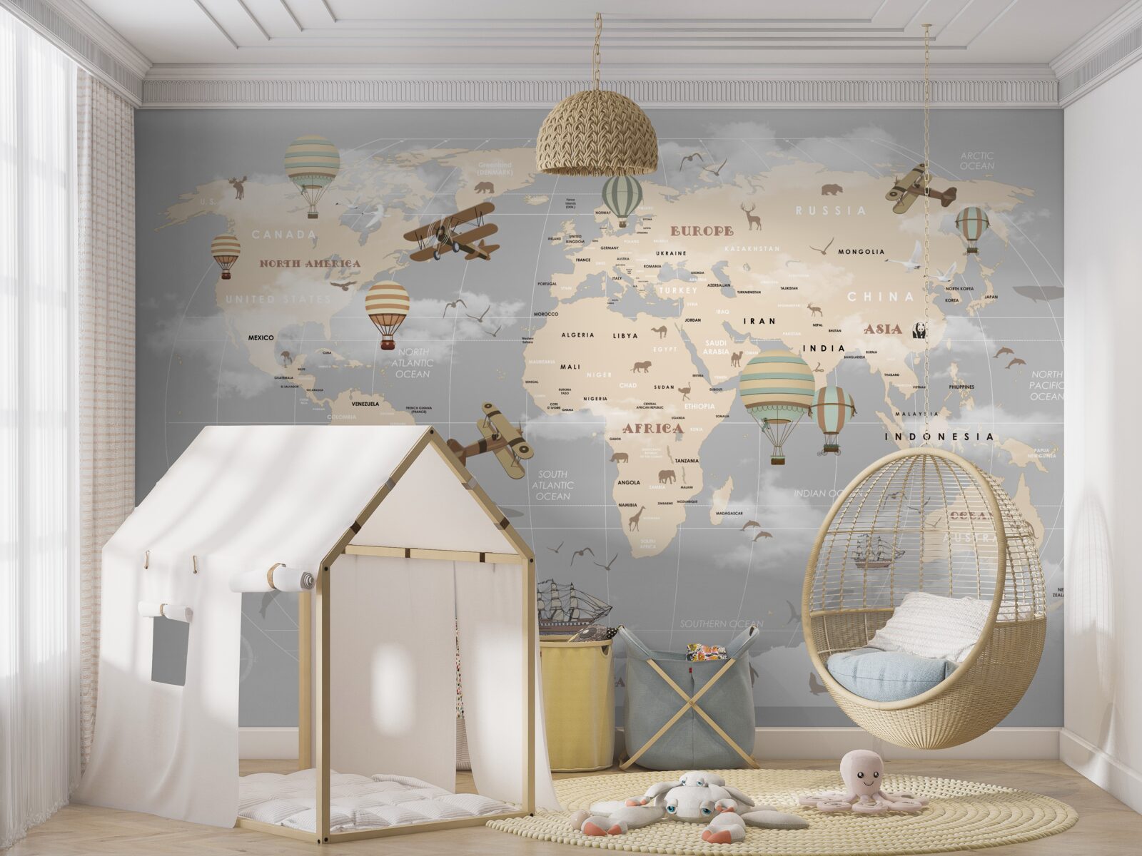 Fotobehang wereldkaart met verschillende vervoerswijzen