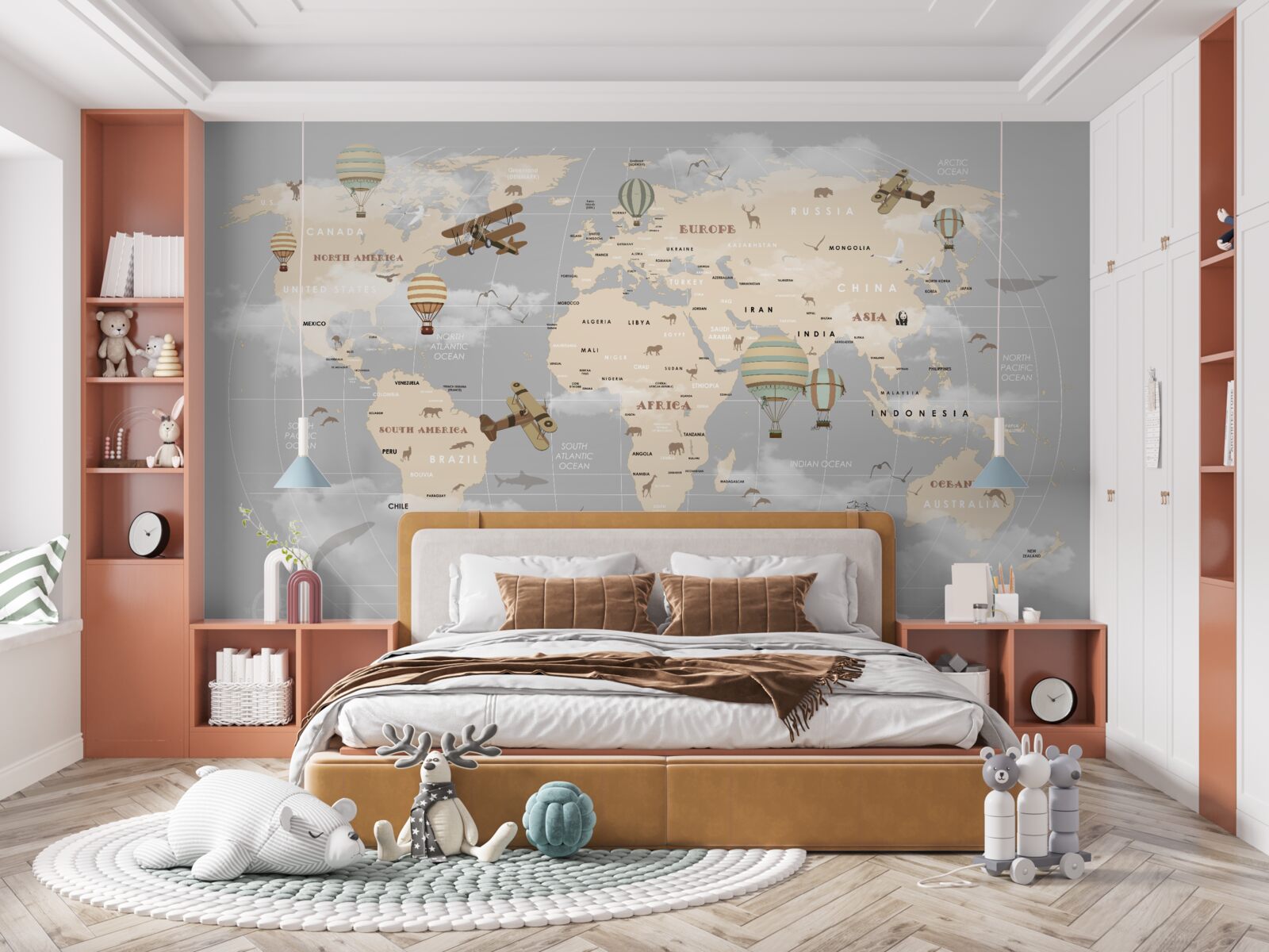 Fotobehang wereldkaart met verschillende vervoerswijzen