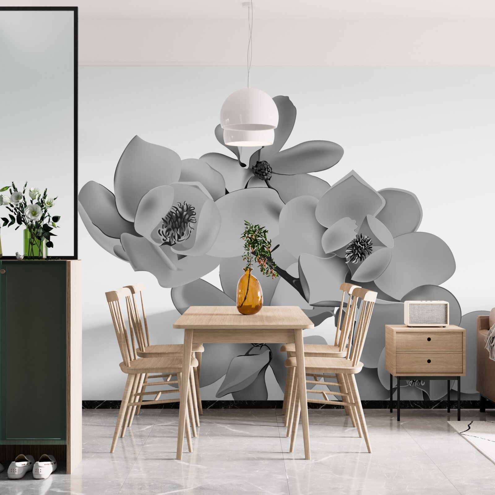 Fotobehang scharlakenrode bloemen op een zuiver witte achtergrond