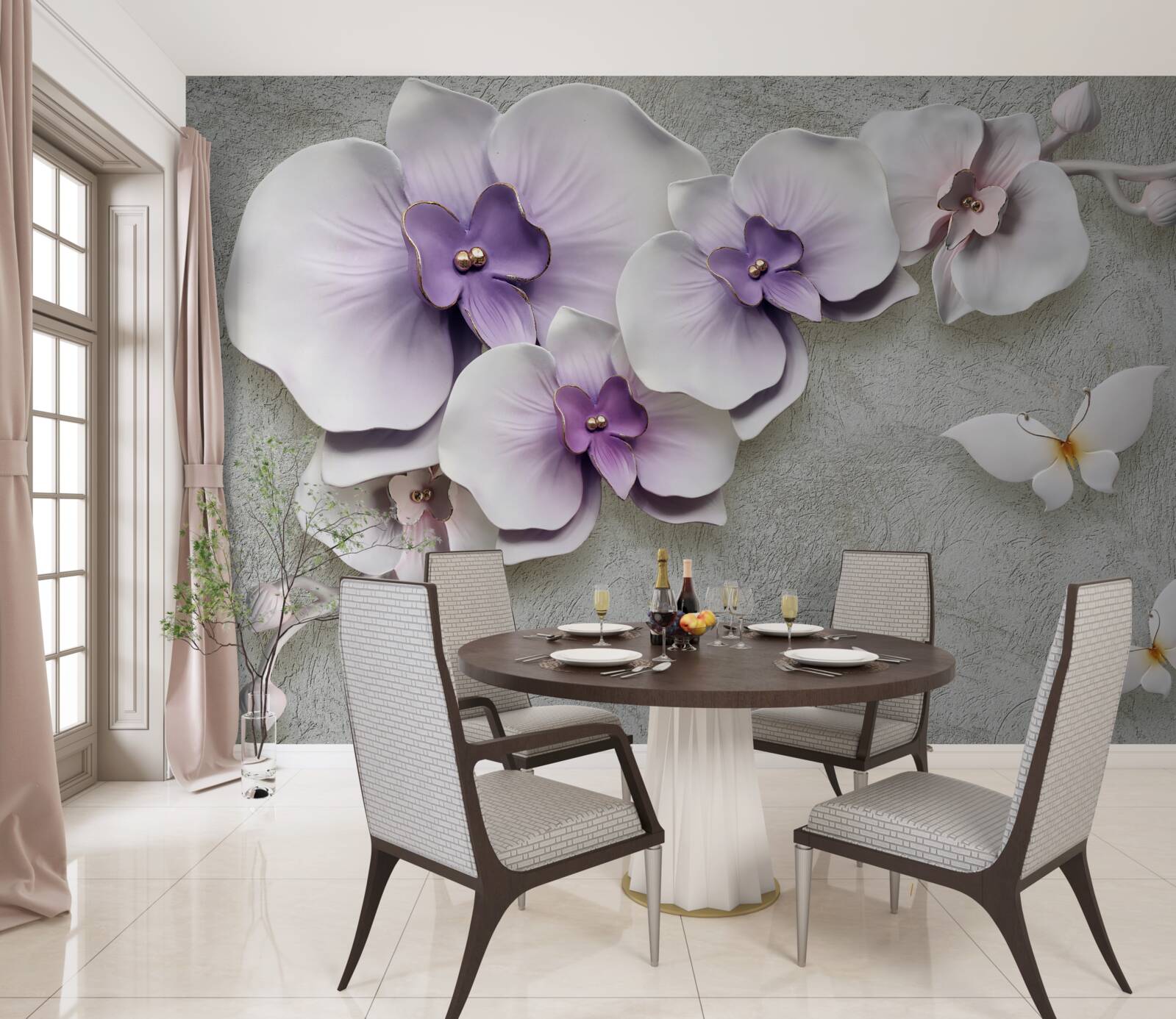 Fotobehang grote paarse lelies en een sneeuwwitte vlinder