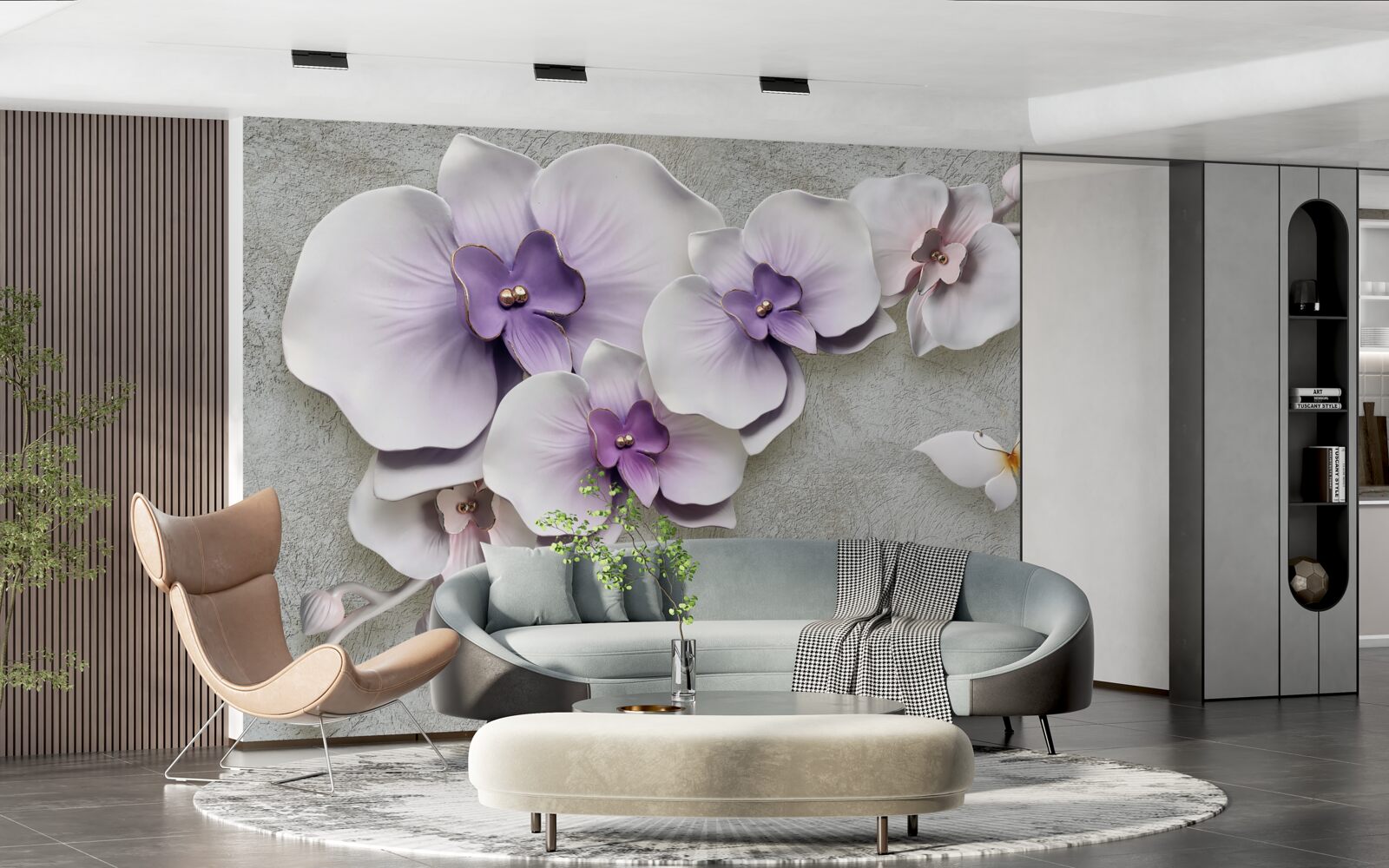 Fotobehang grote paarse lelies en een sneeuwwitte vlinder