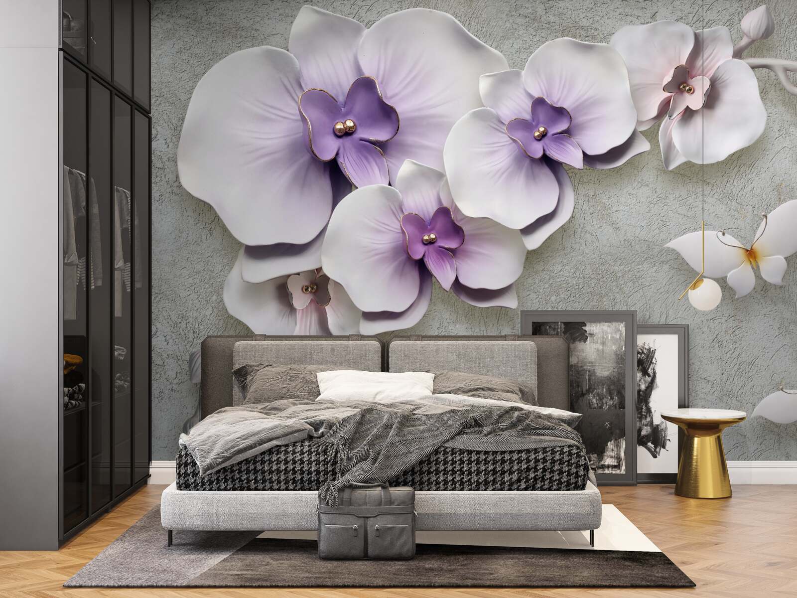 Fotobehang grote paarse lelies en een sneeuwwitte vlinder