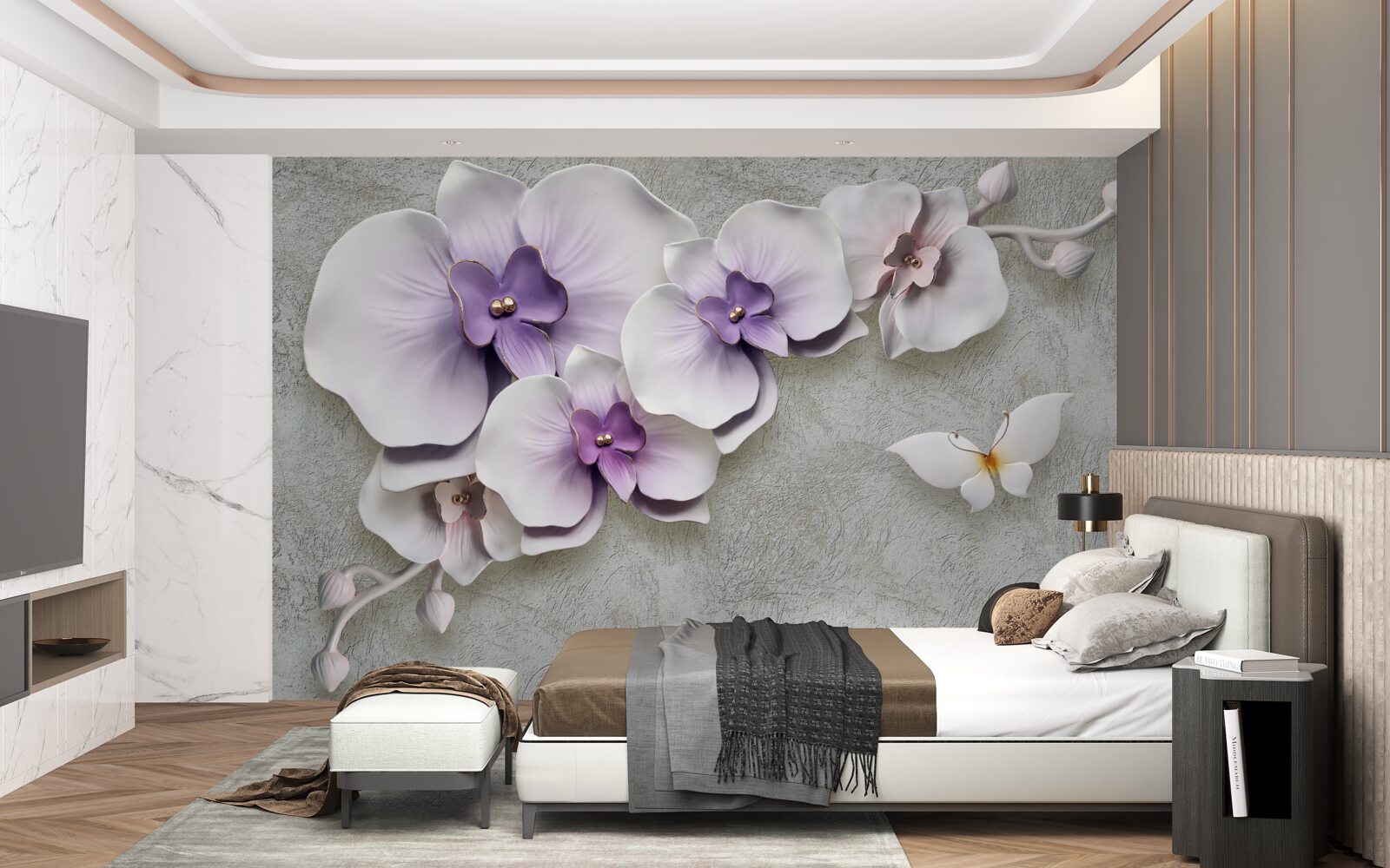 Fotobehang grote paarse lelies en een sneeuwwitte vlinder