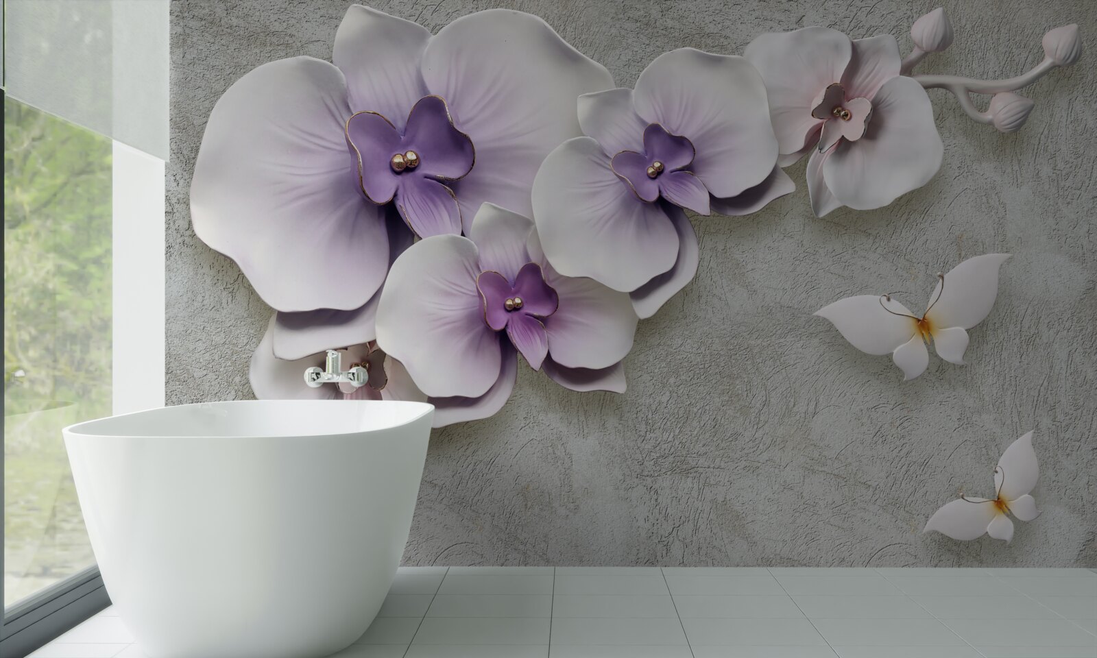 Fotobehang grote paarse lelies en een sneeuwwitte vlinder