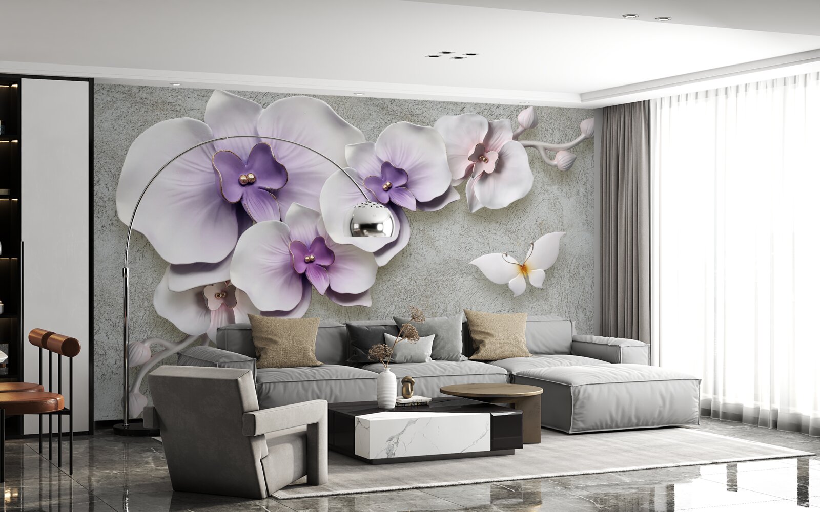 Fotobehang grote paarse lelies en een sneeuwwitte vlinder