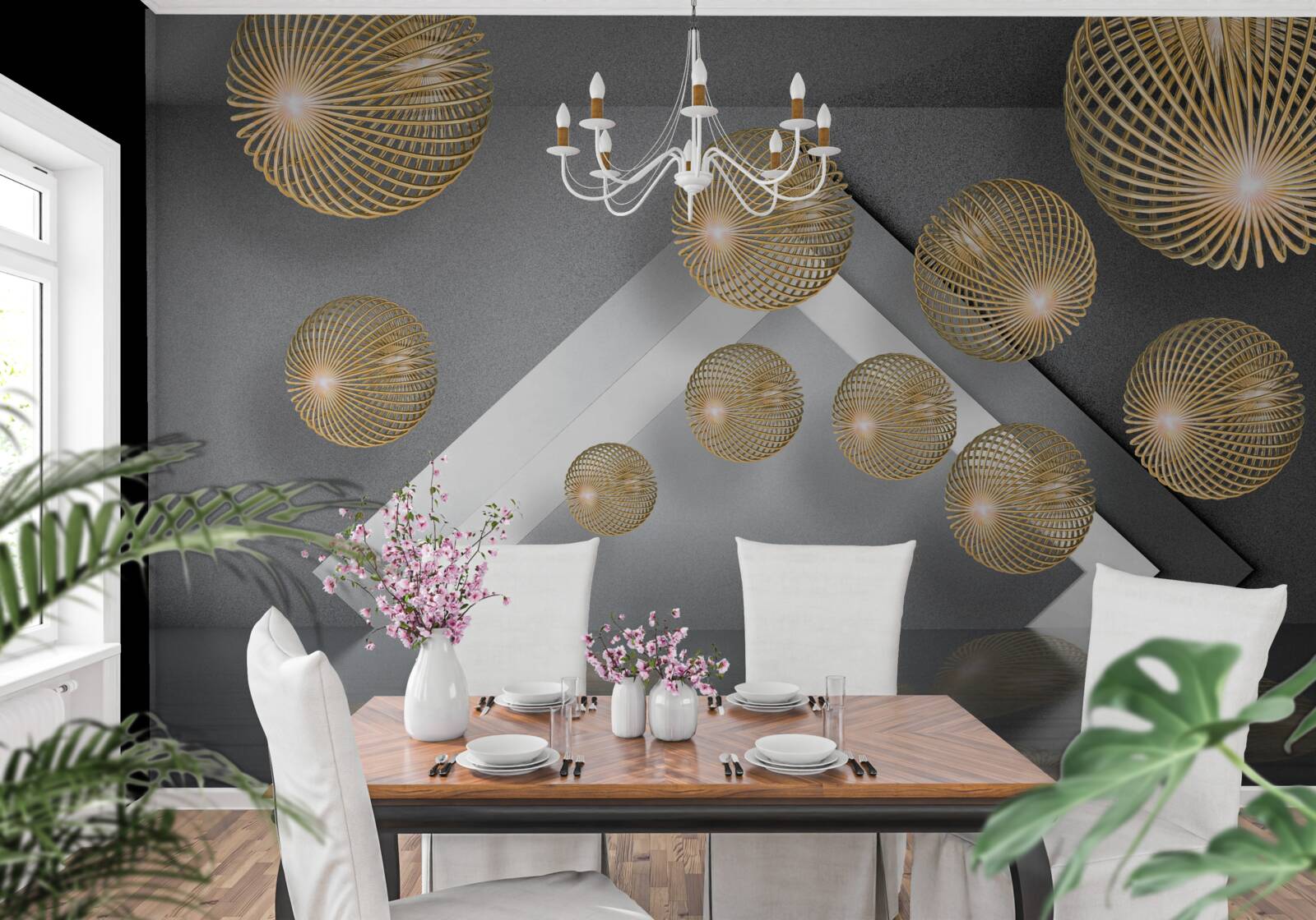 Fotobehang zwevende bronzen bollen met structuur