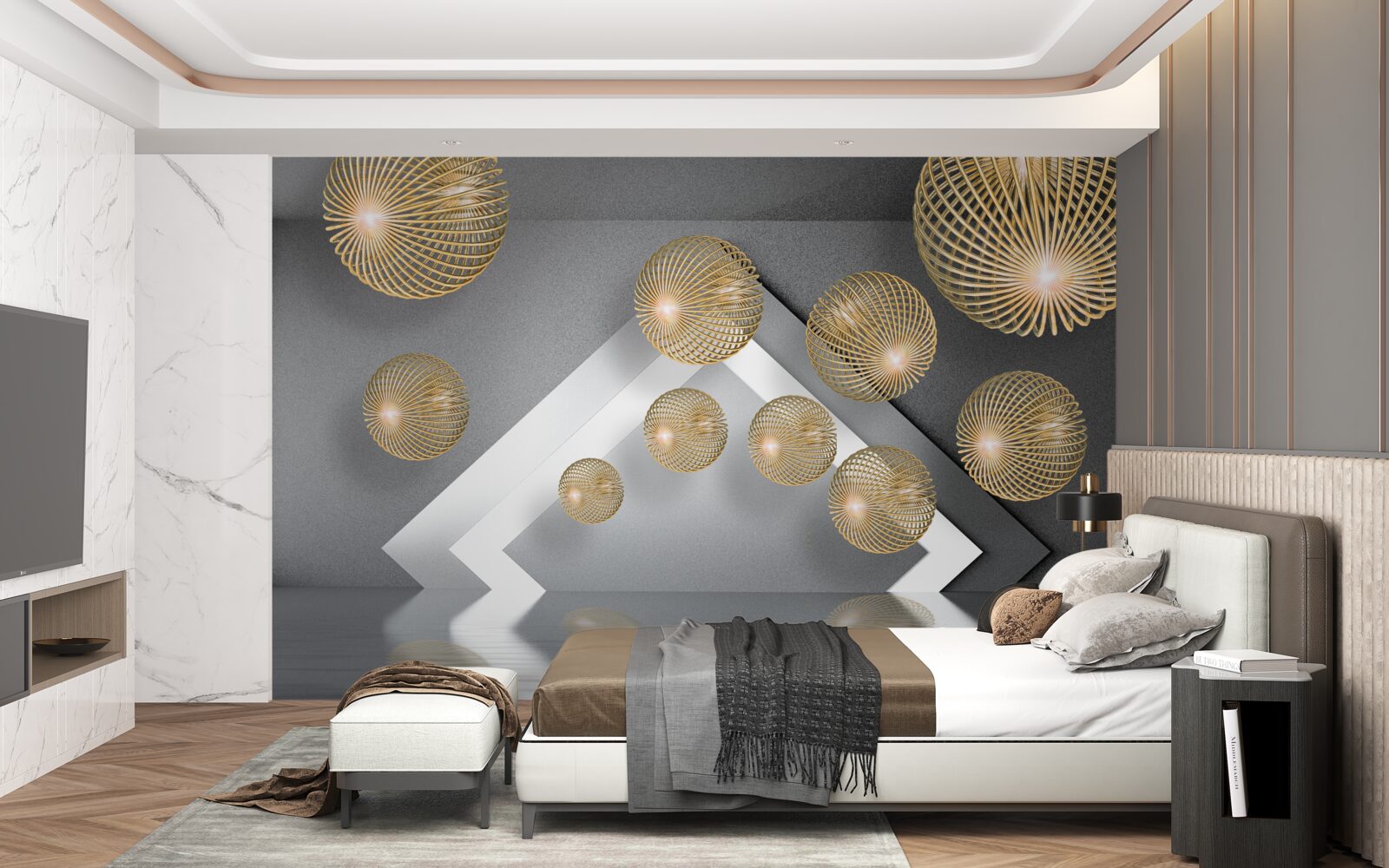 Fotobehang zwevende bronzen bollen met structuur