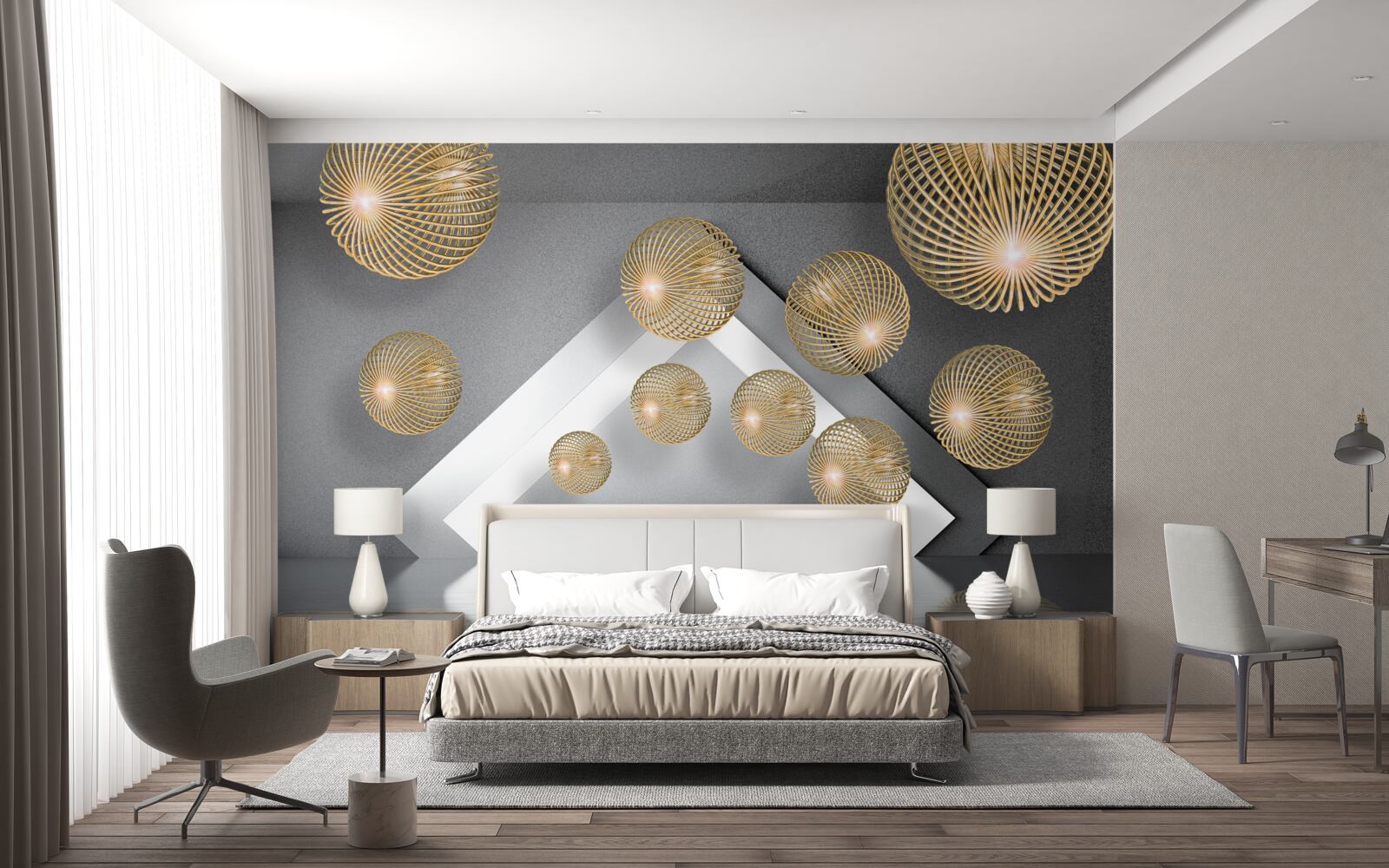 Fotobehang zwevende bronzen bollen met structuur