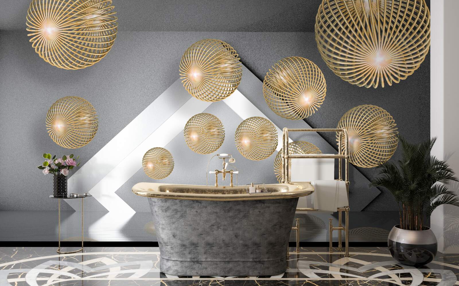 Fotobehang zwevende bronzen bollen met structuur