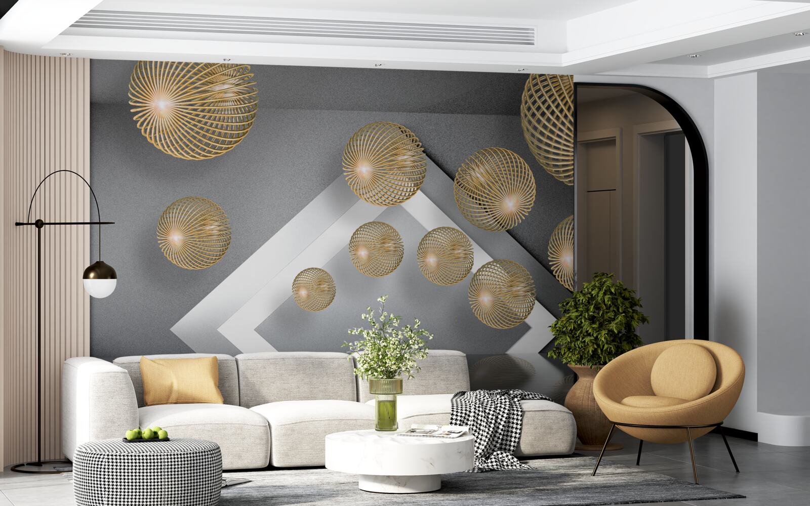 Fotobehang zwevende bronzen bollen met structuur