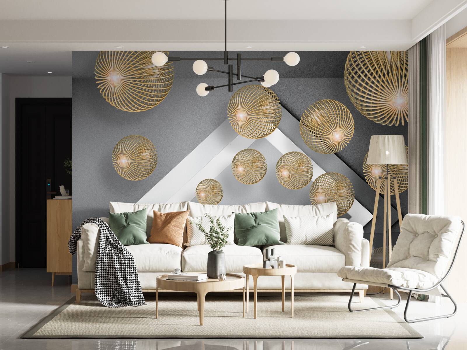 Fotobehang zwevende bronzen bollen met structuur