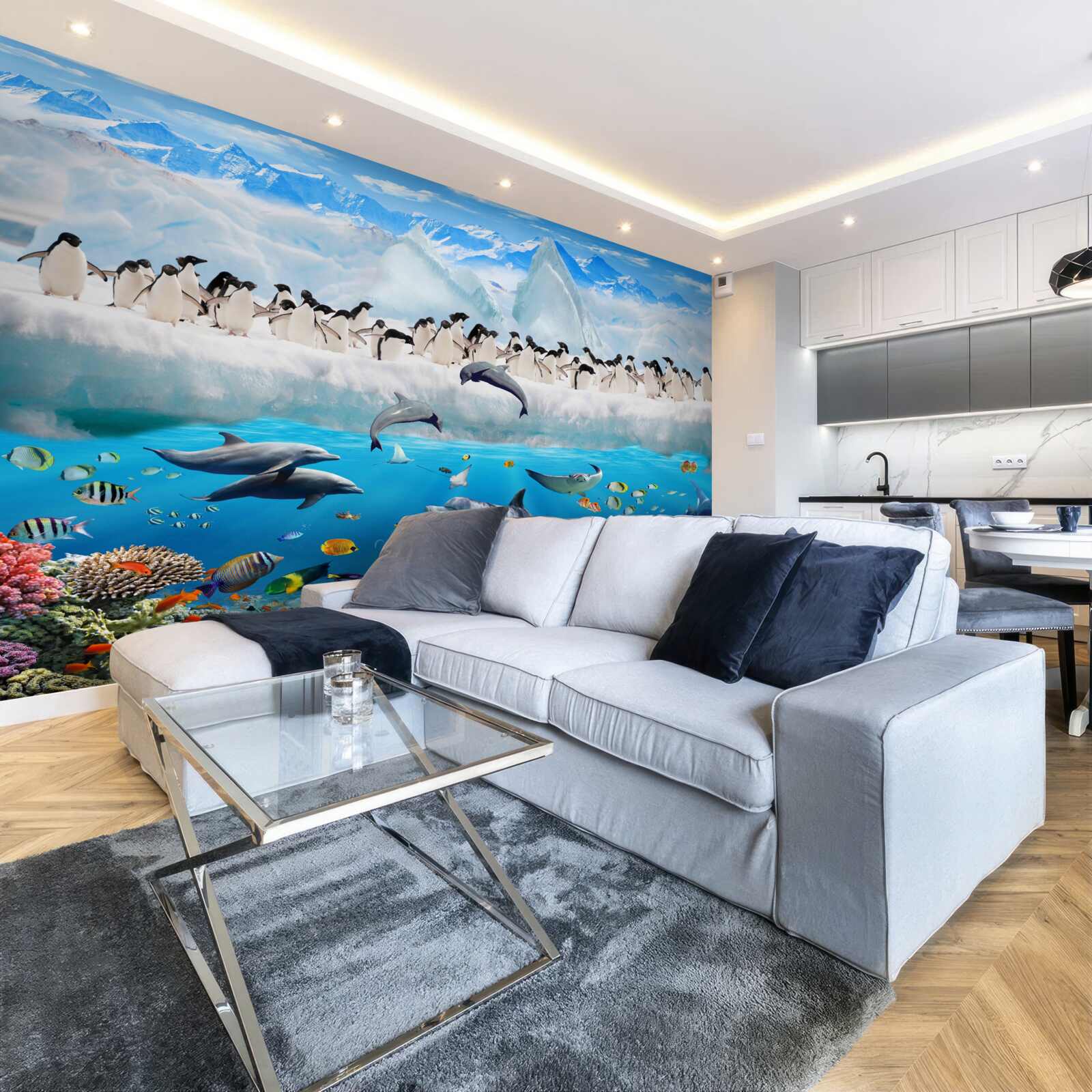 Fotobehang dolfijnen en pinguïns leven in koraalriffen