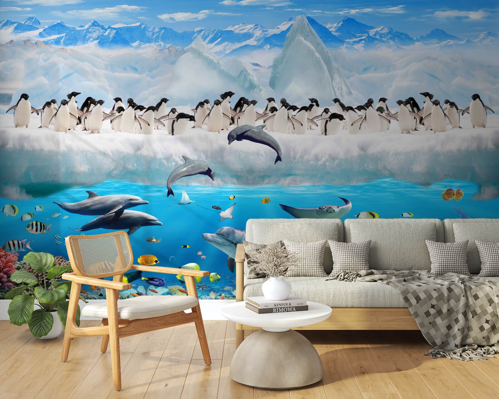 Fotobehang dolfijnen en pinguïns leven in koraalriffen