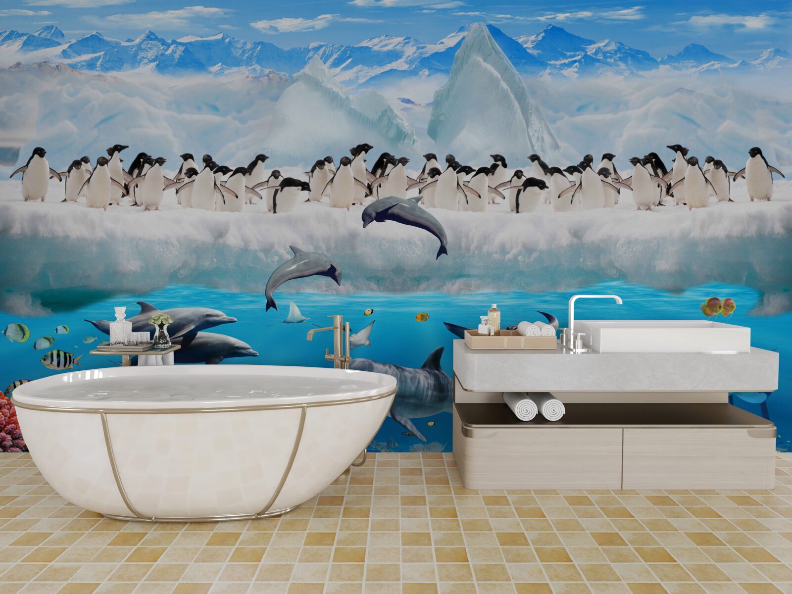 Fotobehang dolfijnen en pinguïns leven in koraalriffen