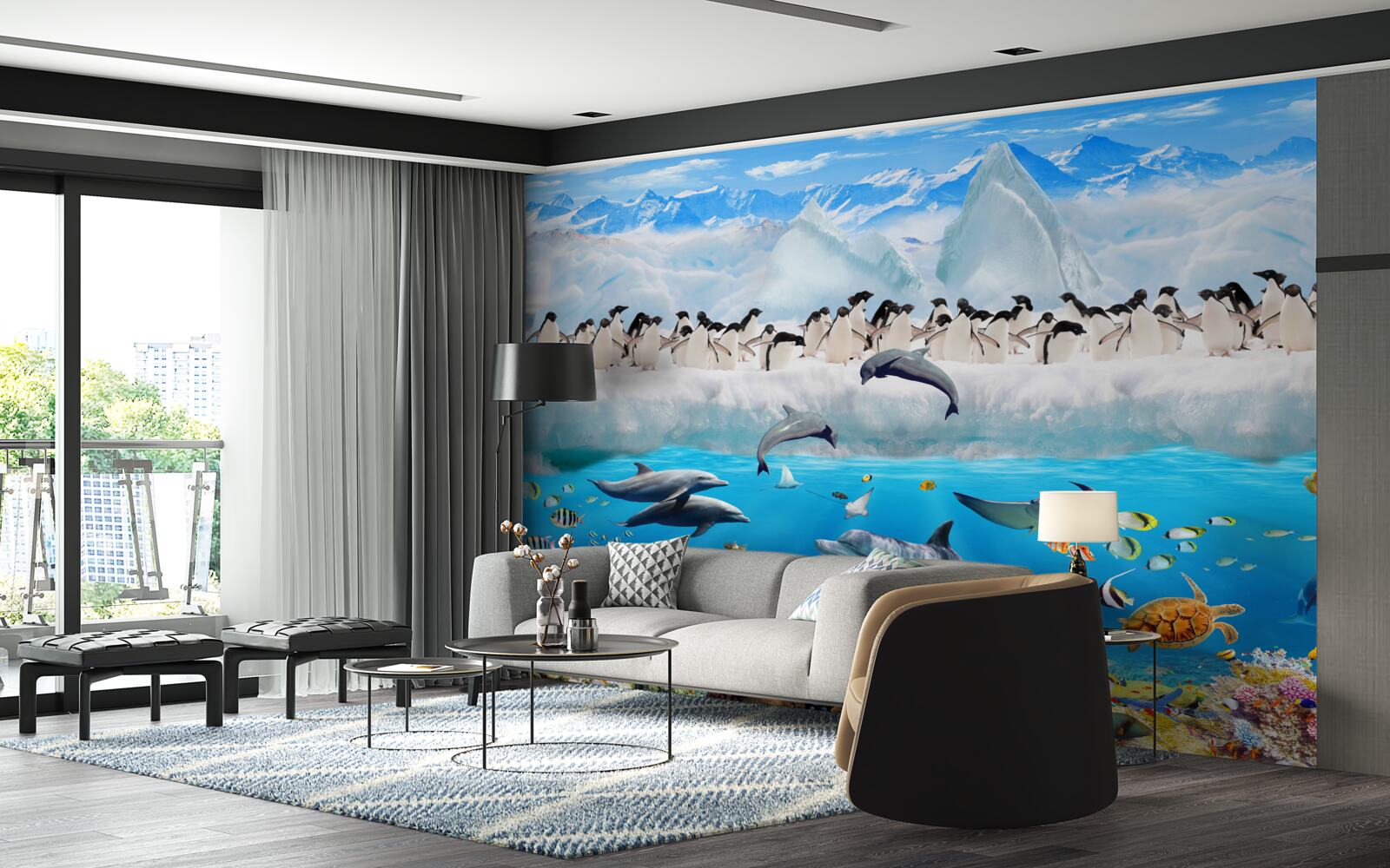 Fotobehang dolfijnen en pinguïns leven in koraalriffen