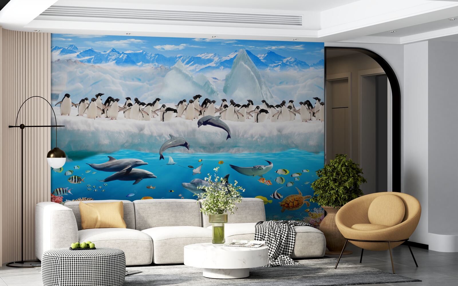 Fotobehang dolfijnen en pinguïns leven in koraalriffen