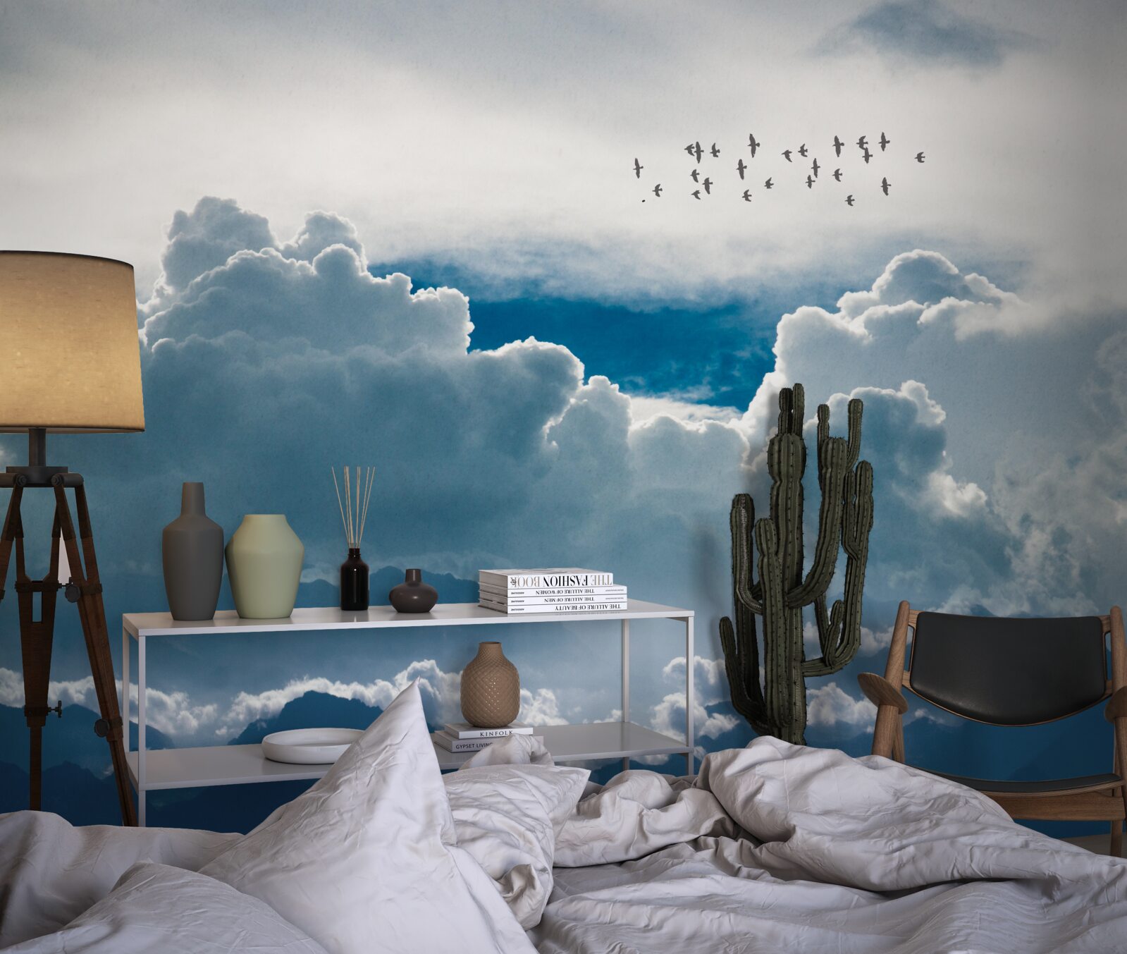 Fotobehang groep vogels boven dikke wolken