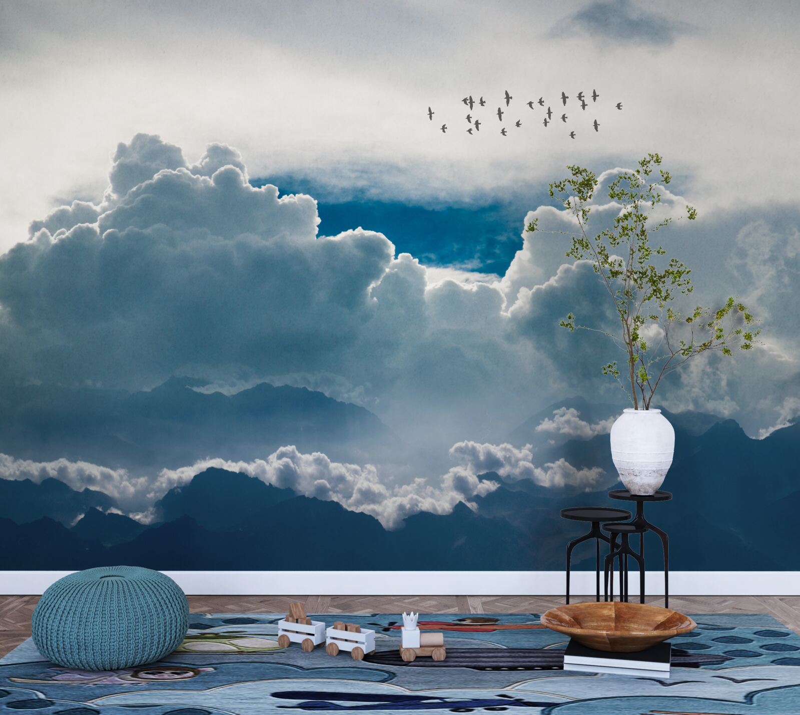 Fotobehang groep vogels boven dikke wolken