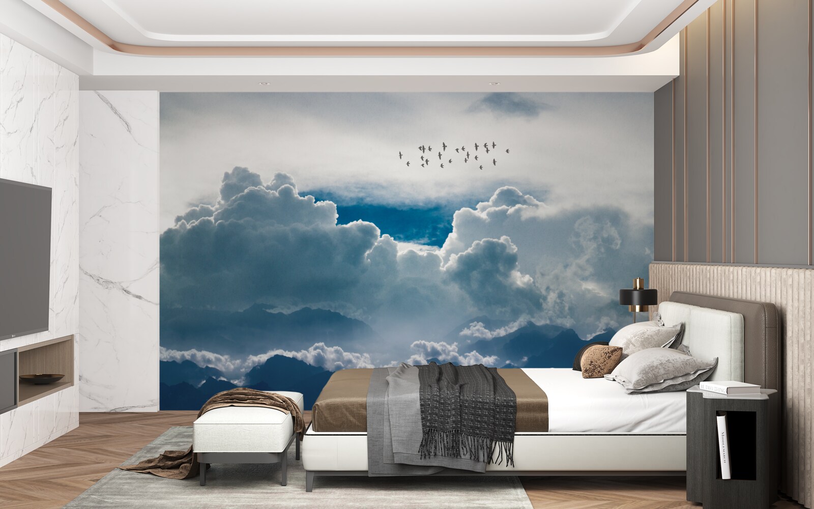 Fotobehang groep vogels boven dikke wolken