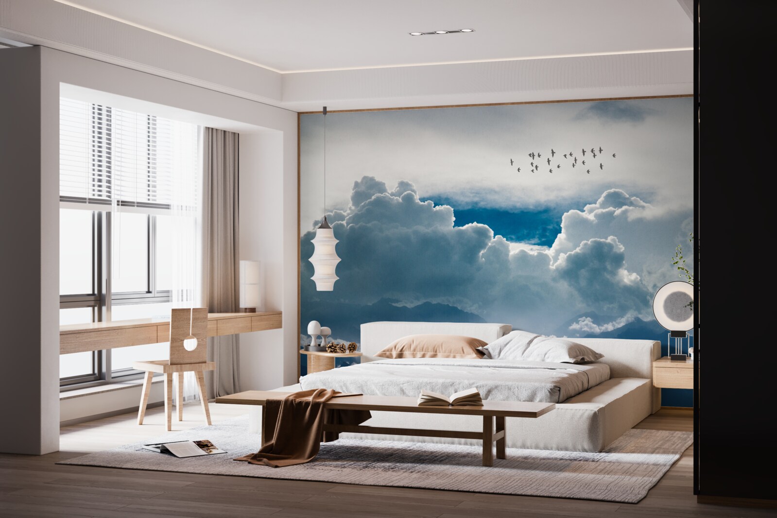 Fotobehang groep vogels boven dikke wolken