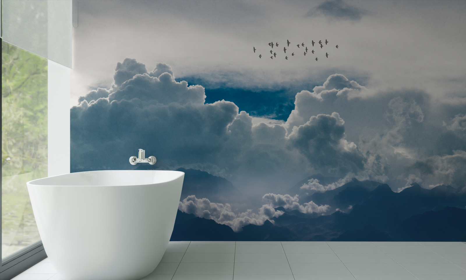 Fotobehang groep vogels boven dikke wolken