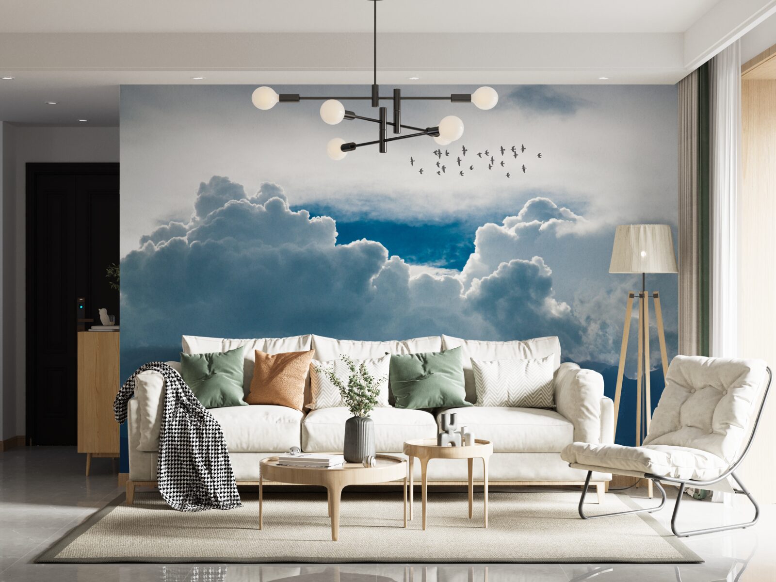 Fotobehang groep vogels boven dikke wolken