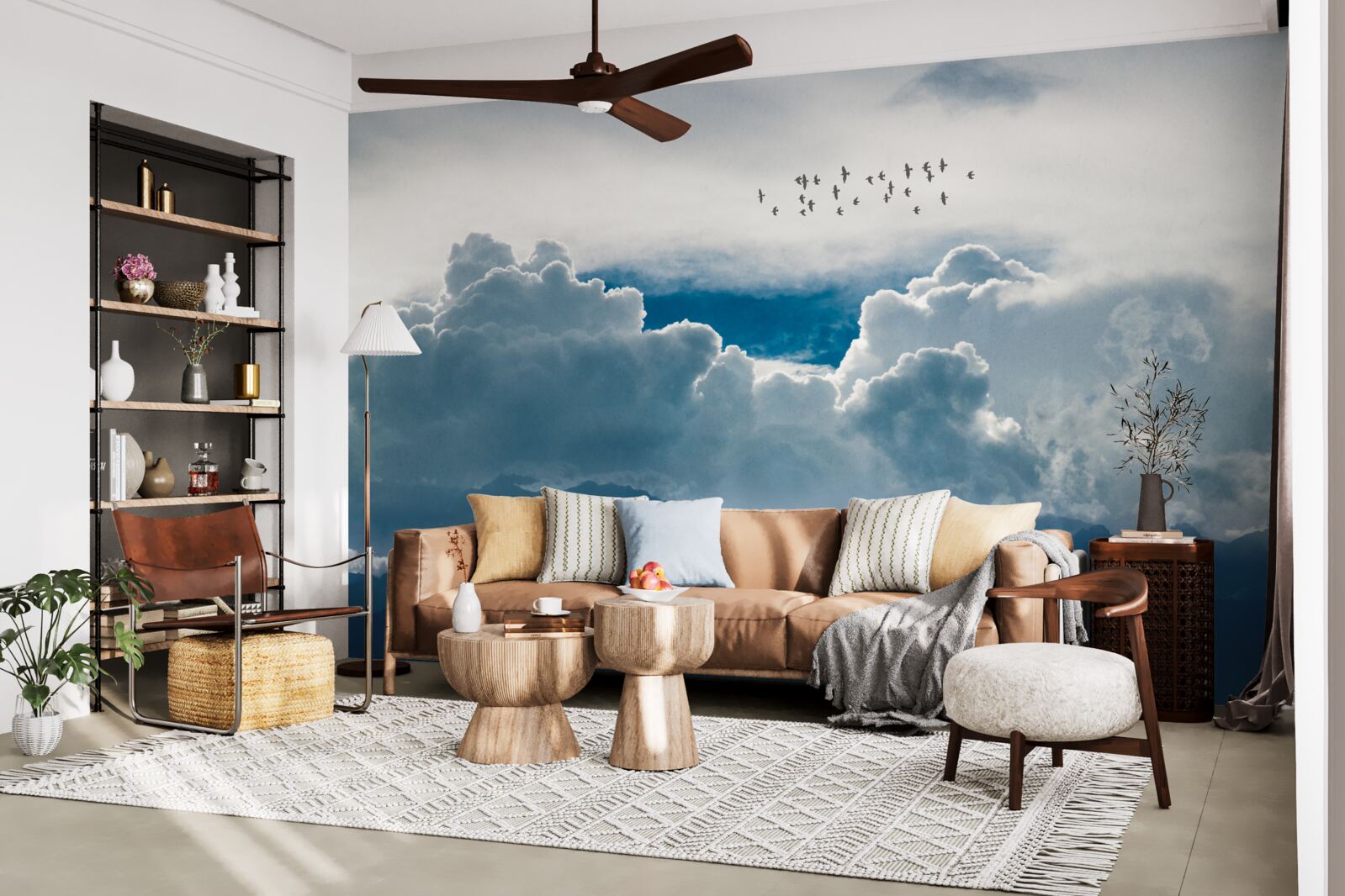 Fotobehang groep vogels boven dikke wolken