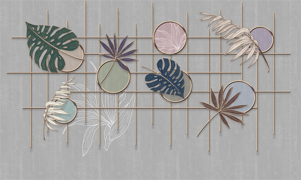 Fotobehang tropische plantenbladeren op een gouden rooster