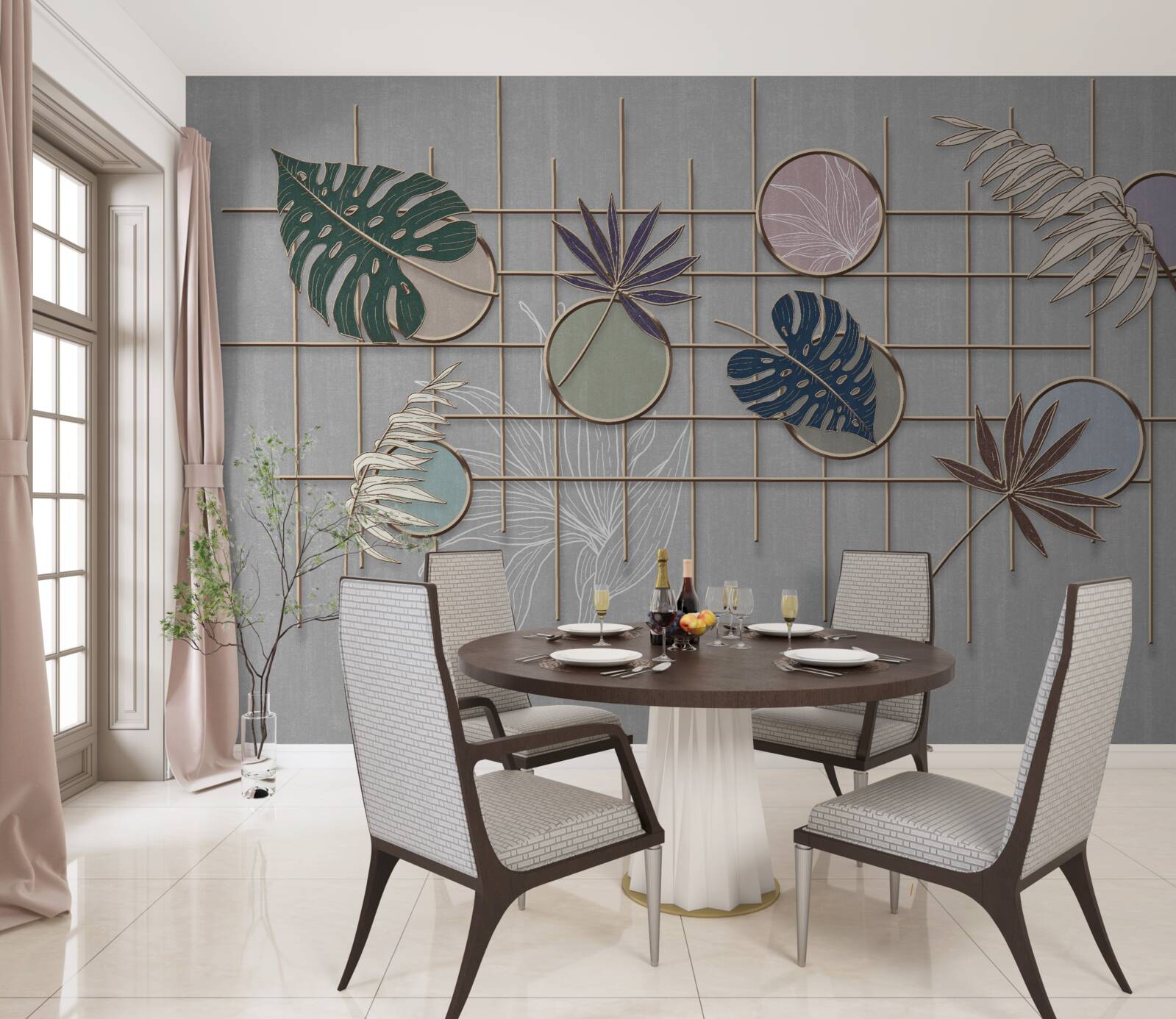 Fotobehang tropische plantenbladeren op een gouden rooster