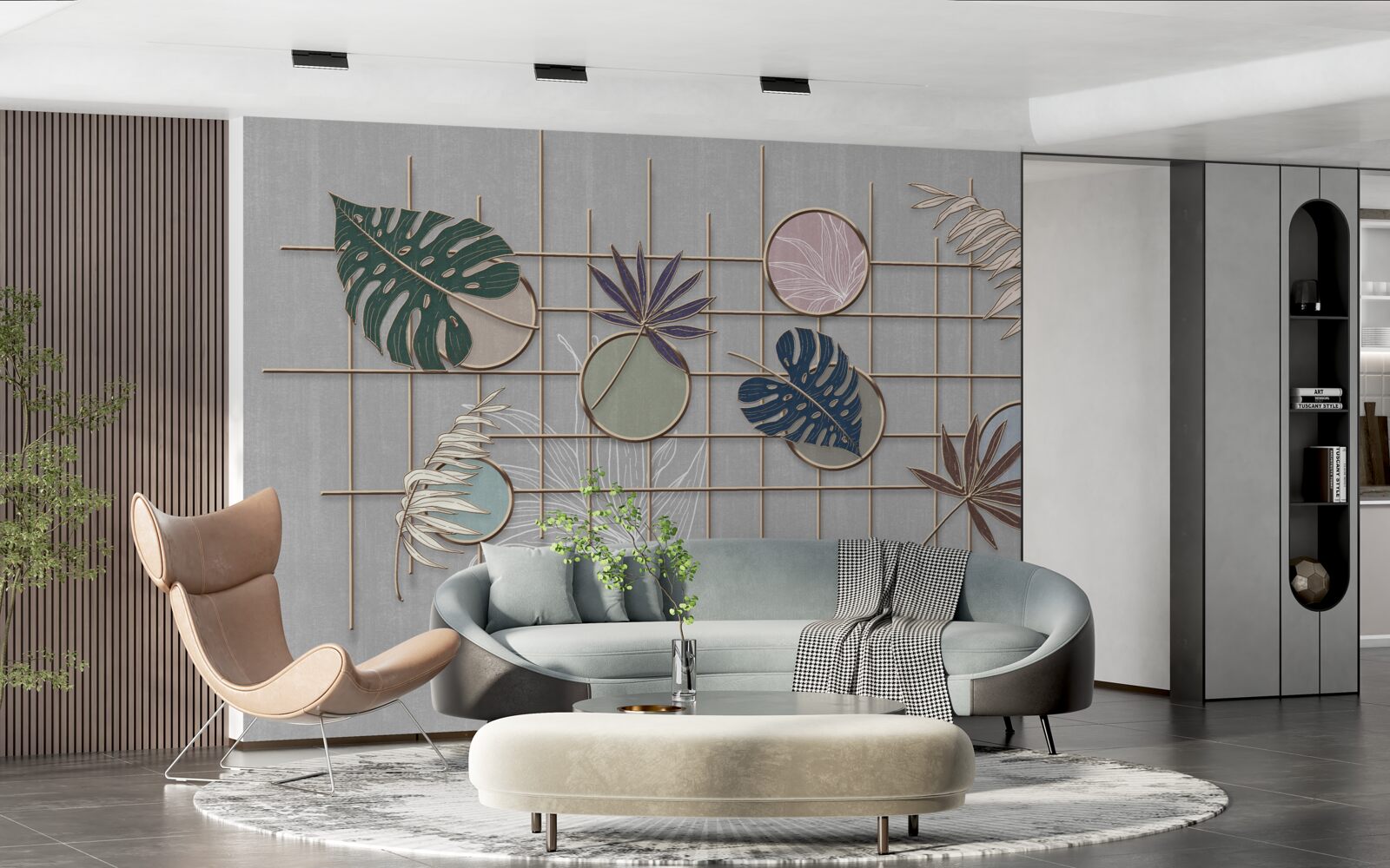 Fotobehang tropische plantenbladeren op een gouden rooster