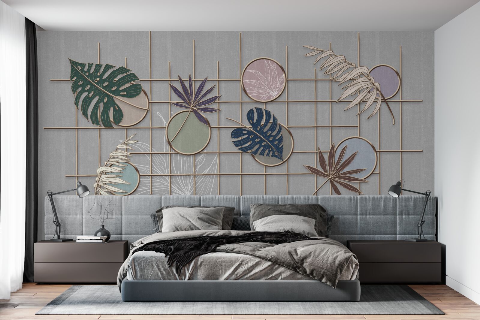 Fotobehang tropische plantenbladeren op een gouden rooster