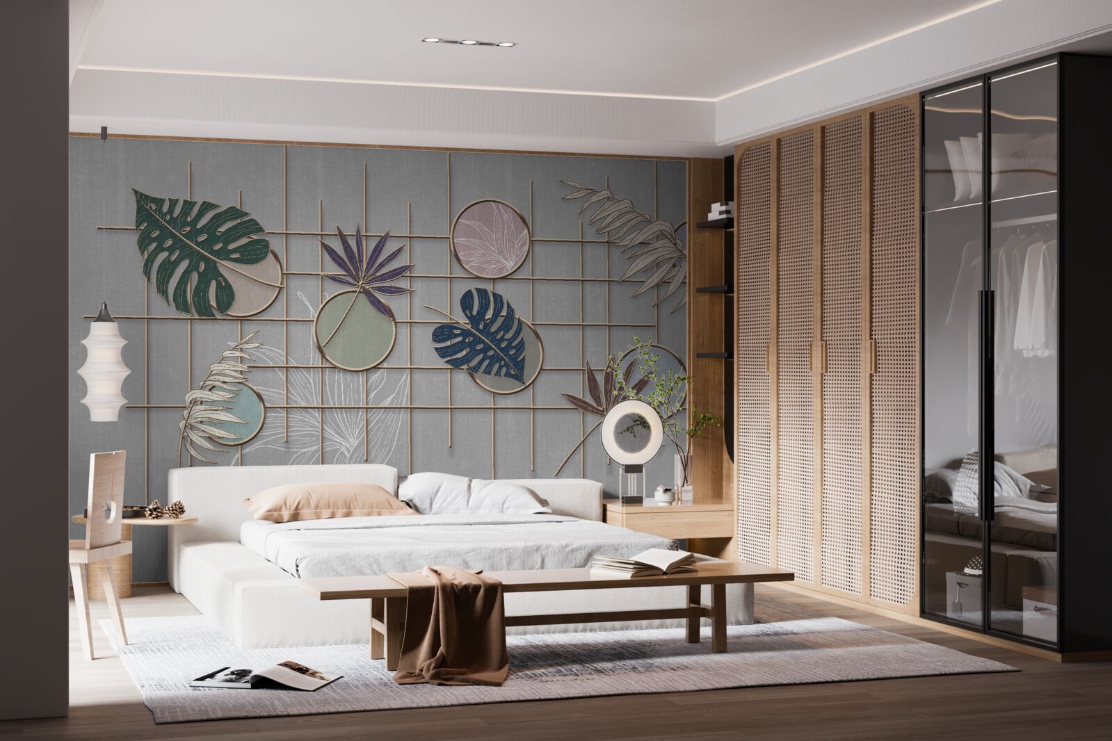 Fotobehang tropische plantenbladeren op een gouden rooster