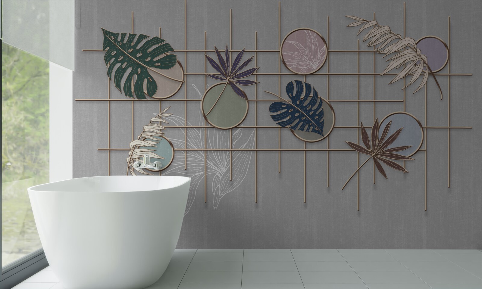 Fotobehang tropische plantenbladeren op een gouden rooster