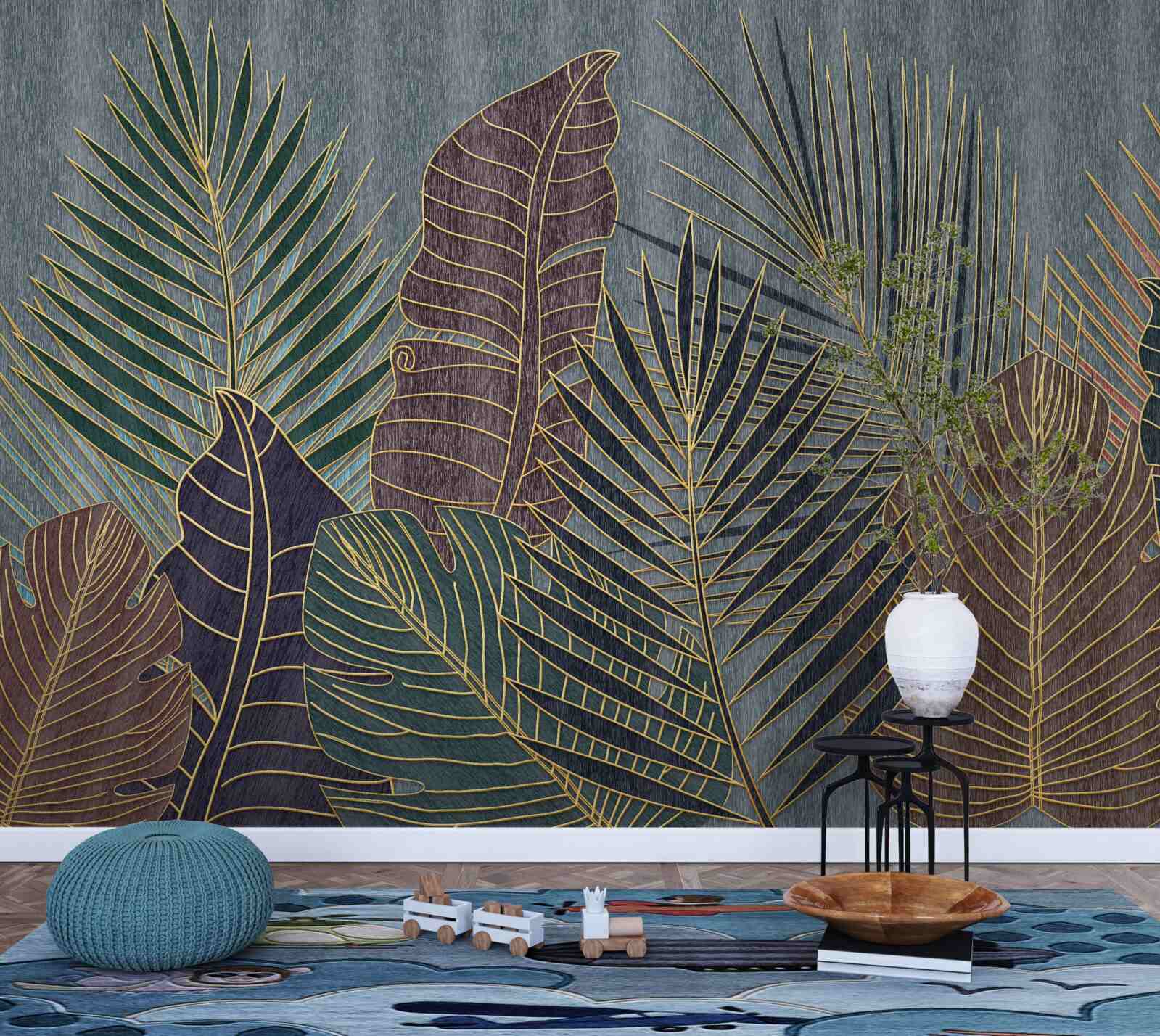 Fotobehang zonsondergang in een tropisch woud gehuld in abstractie