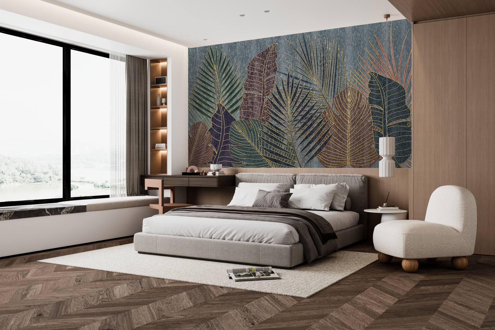 Fotobehang zonsondergang in een tropisch woud gehuld in abstractie