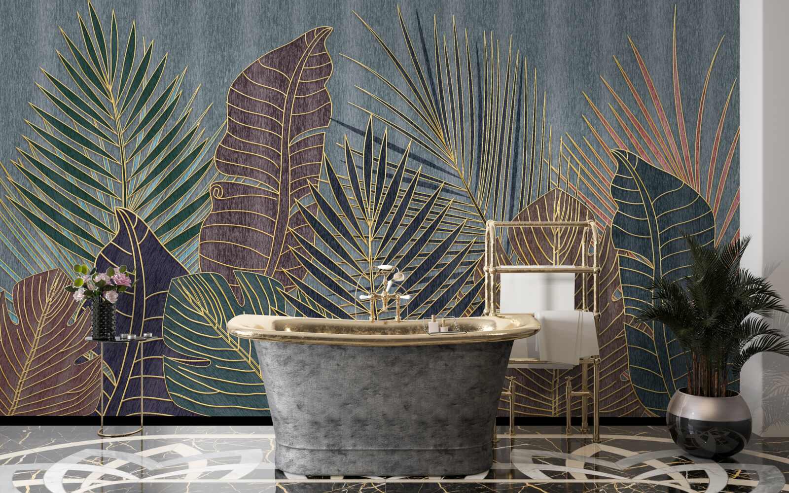 Fotobehang zonsondergang in een tropisch woud gehuld in abstractie