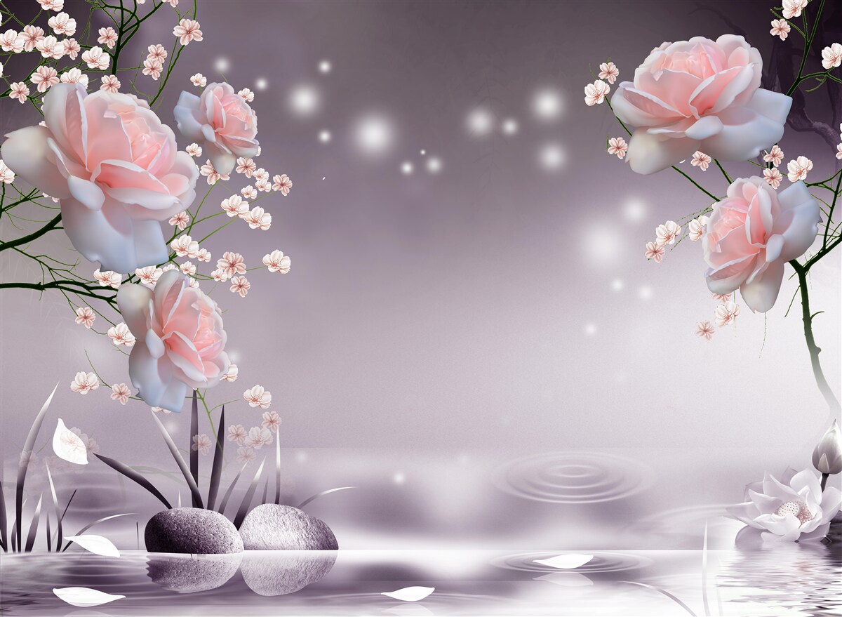 Fotobehang bloemen die opengaan boven het wateroppervlak