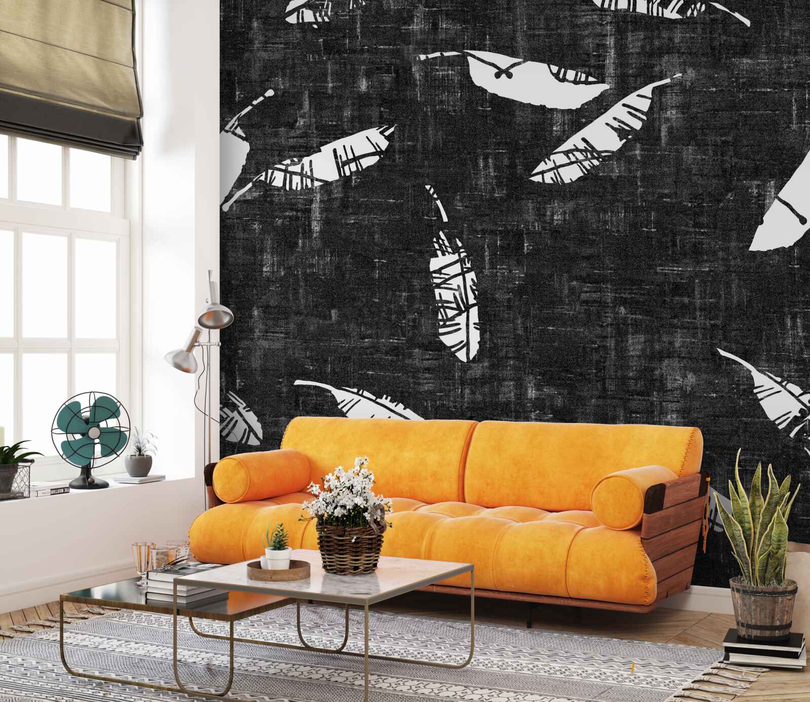 Fotobehang grafiek met blauwe palmbladeren