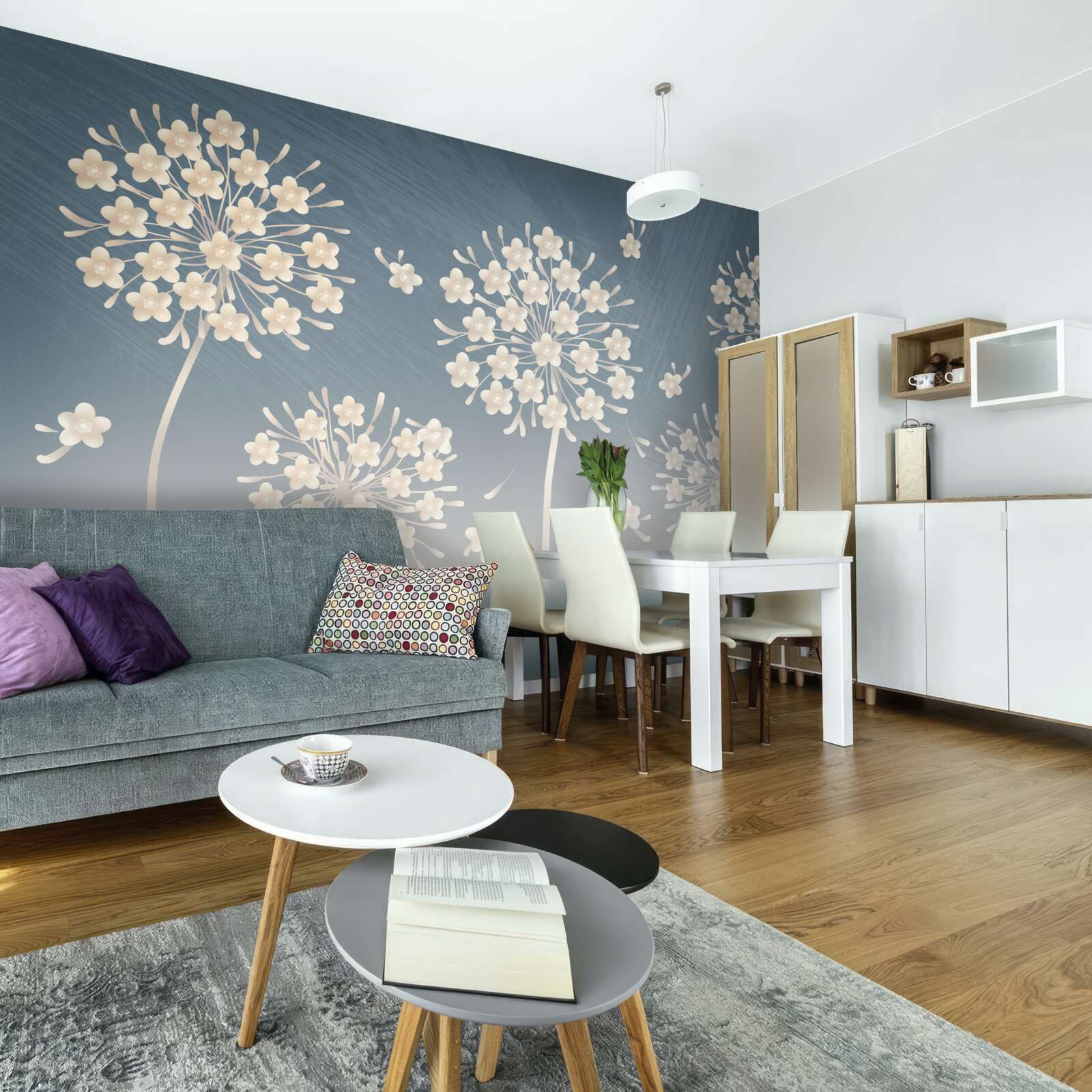 Fotobehang Sneeuwwitte bloemen tegen een blauwe lucht