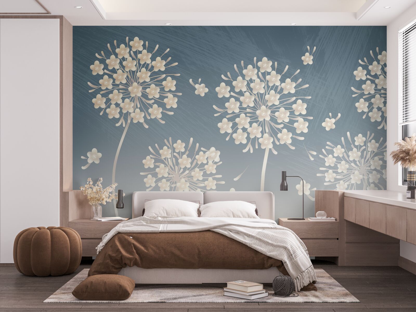 Fotobehang Sneeuwwitte bloemen tegen een blauwe lucht