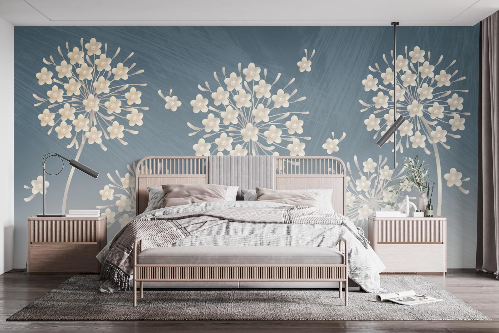 Fotobehang Sneeuwwitte bloemen tegen een blauwe lucht