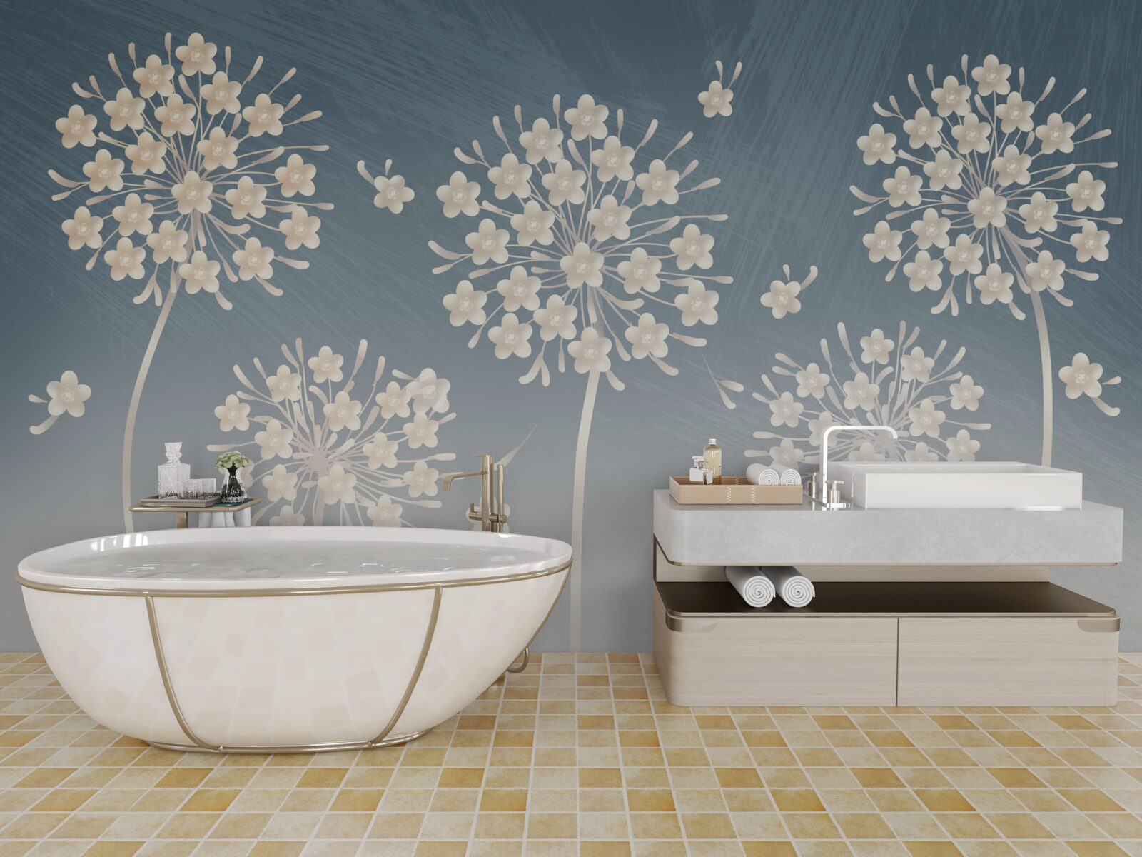 Fotobehang Sneeuwwitte bloemen tegen een blauwe lucht