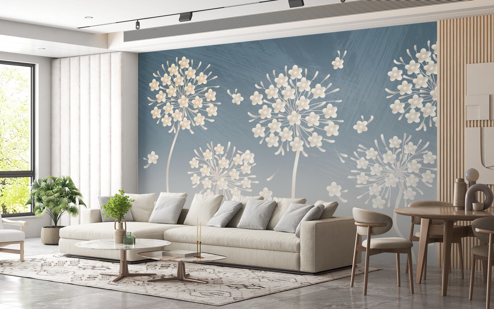 Fotobehang Sneeuwwitte bloemen tegen een blauwe lucht