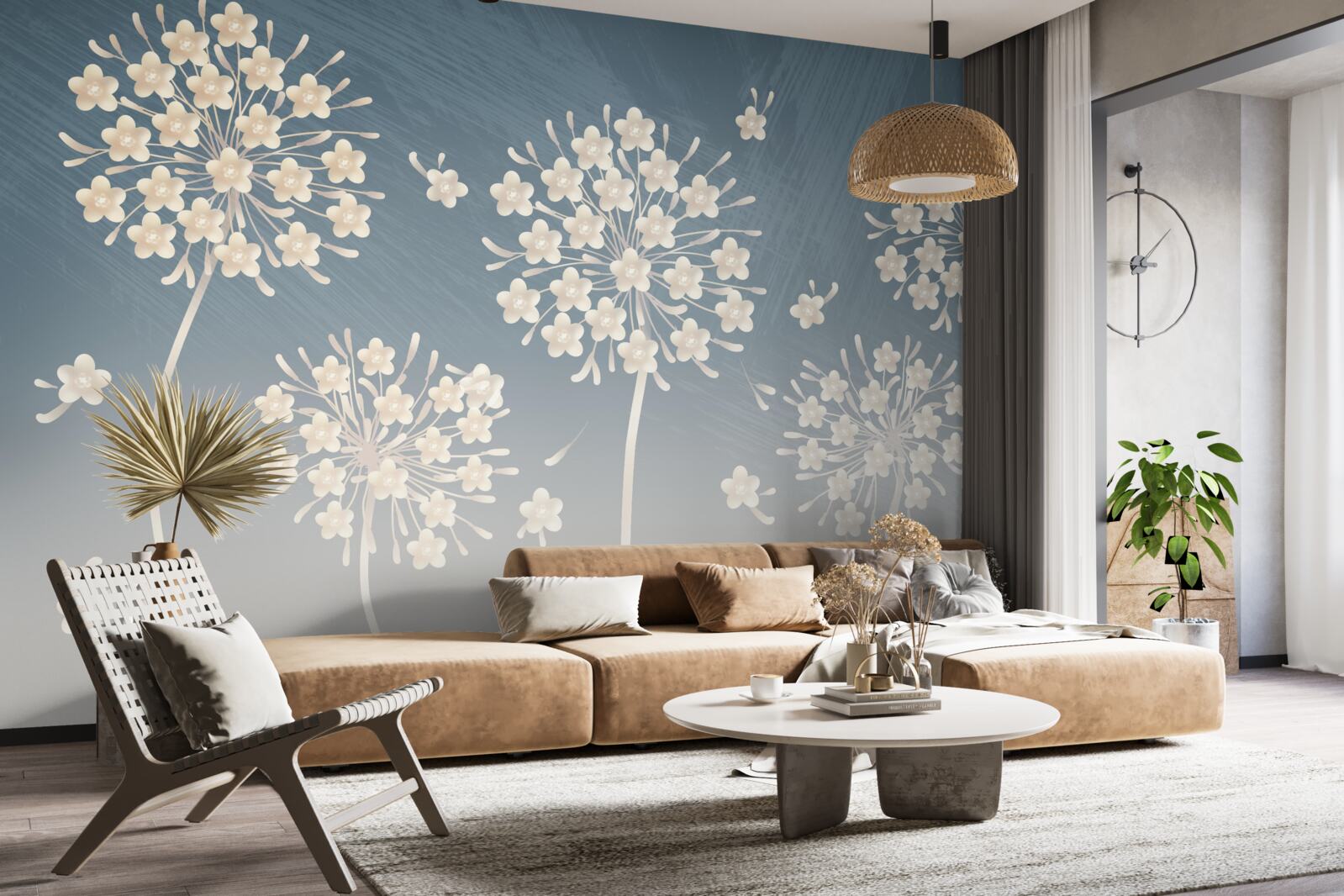 Fotobehang Sneeuwwitte bloemen tegen een blauwe lucht