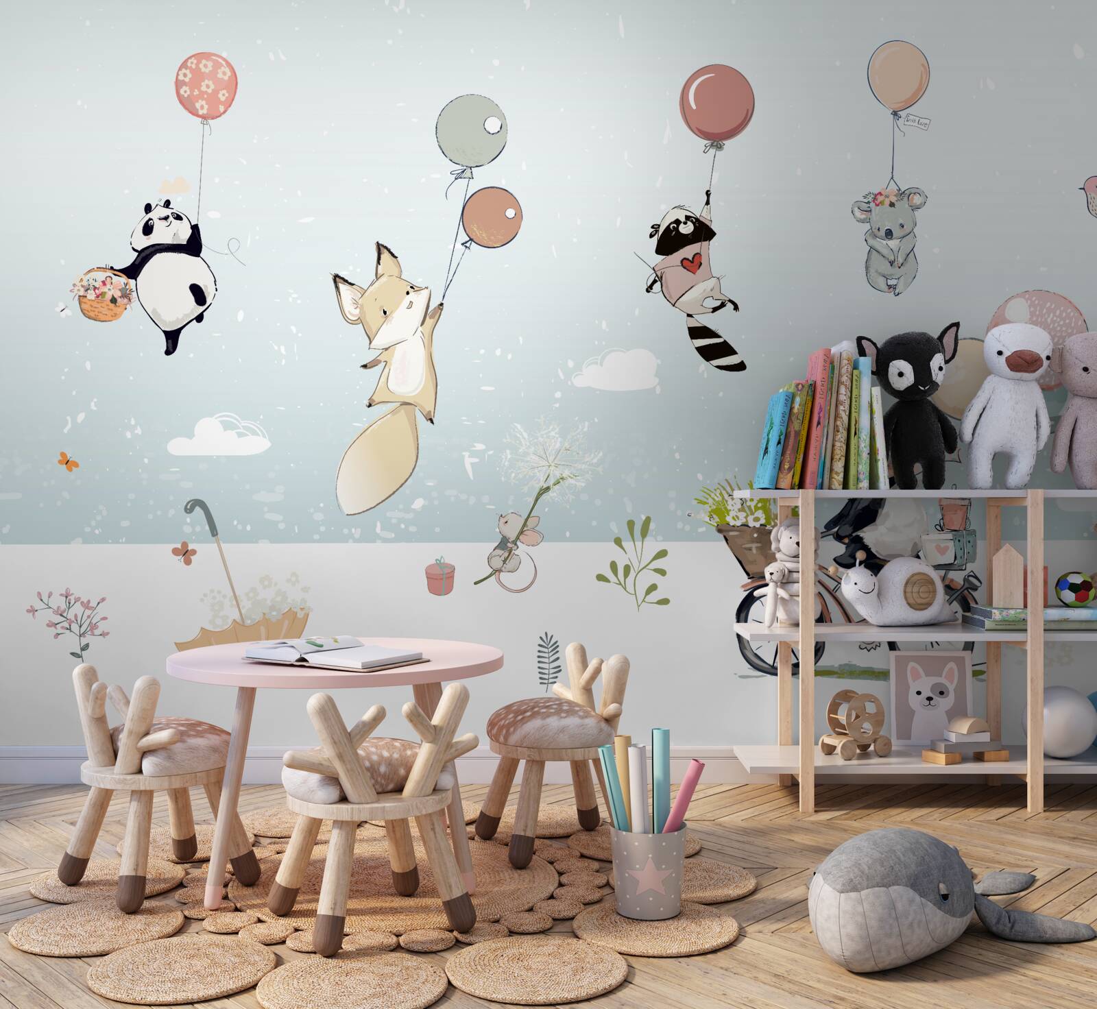 Fotobehang fiets panda en bubble dieren