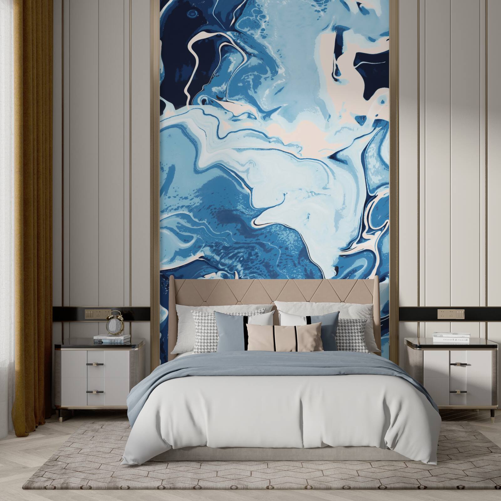 Fotobehang afbeelding van golven in blauwtinten op een marmeren achtergrond