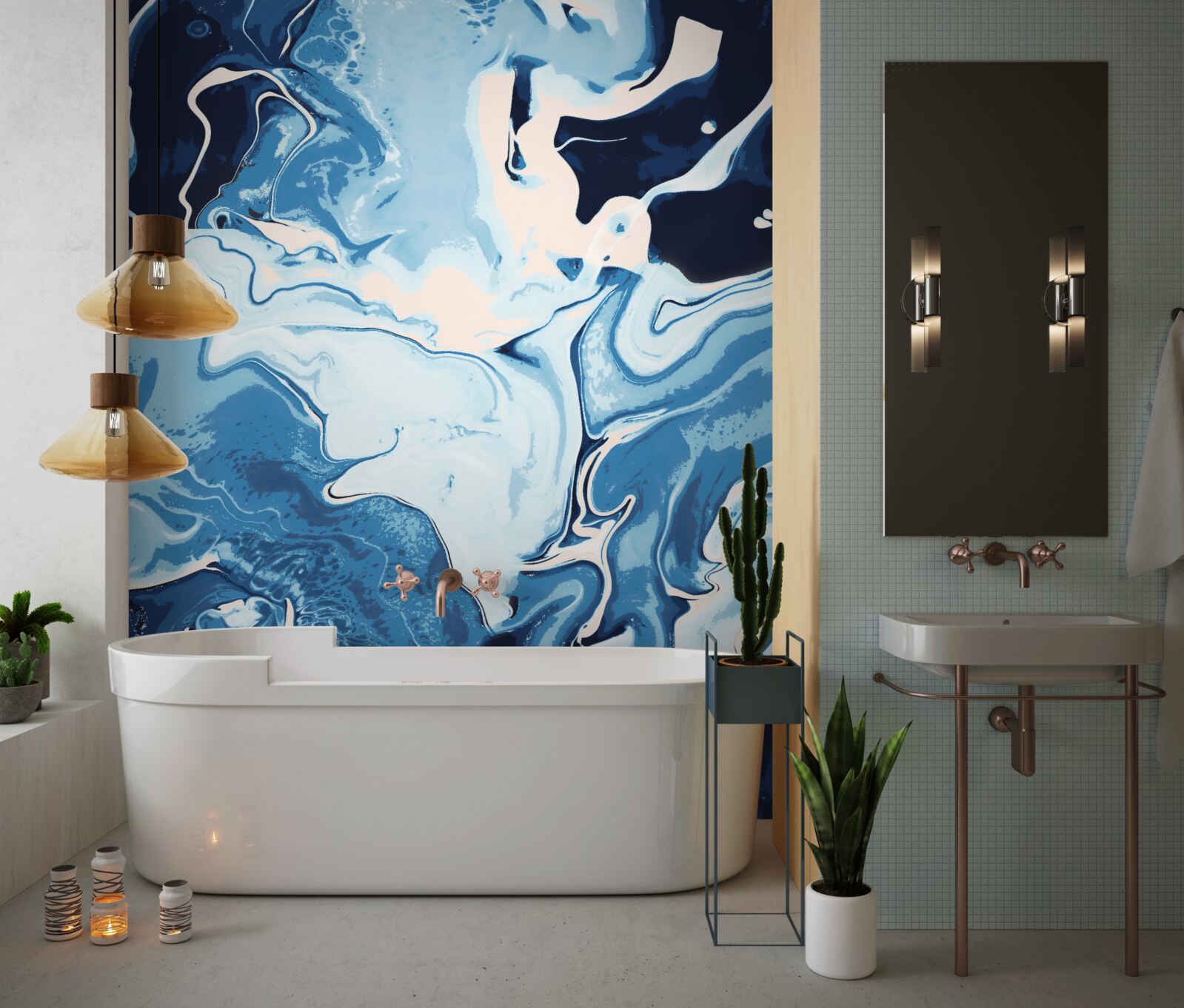 Fotobehang afbeelding van golven in blauwtinten op een marmeren achtergrond