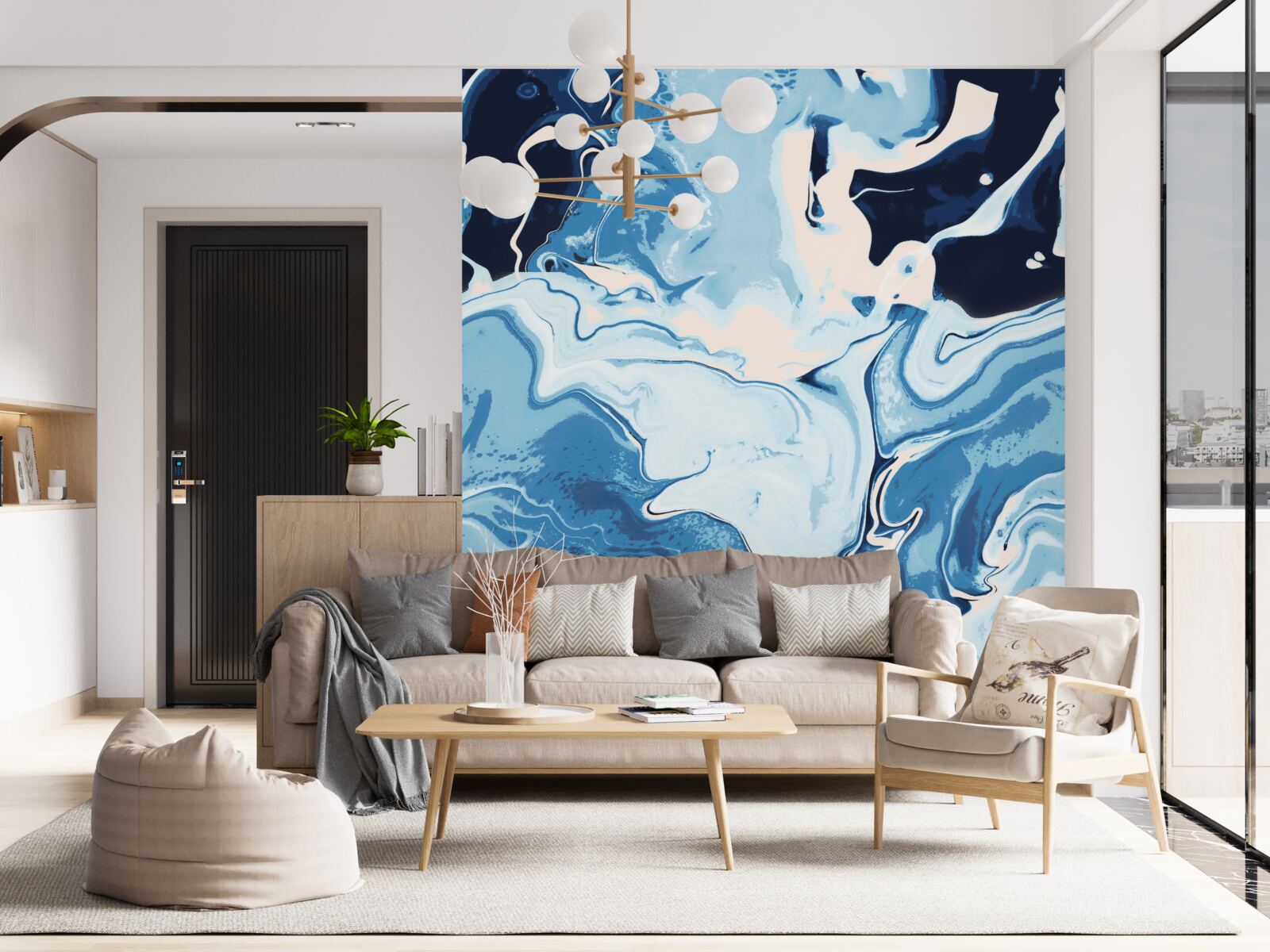 Fotobehang afbeelding van golven in blauwtinten op een marmeren achtergrond