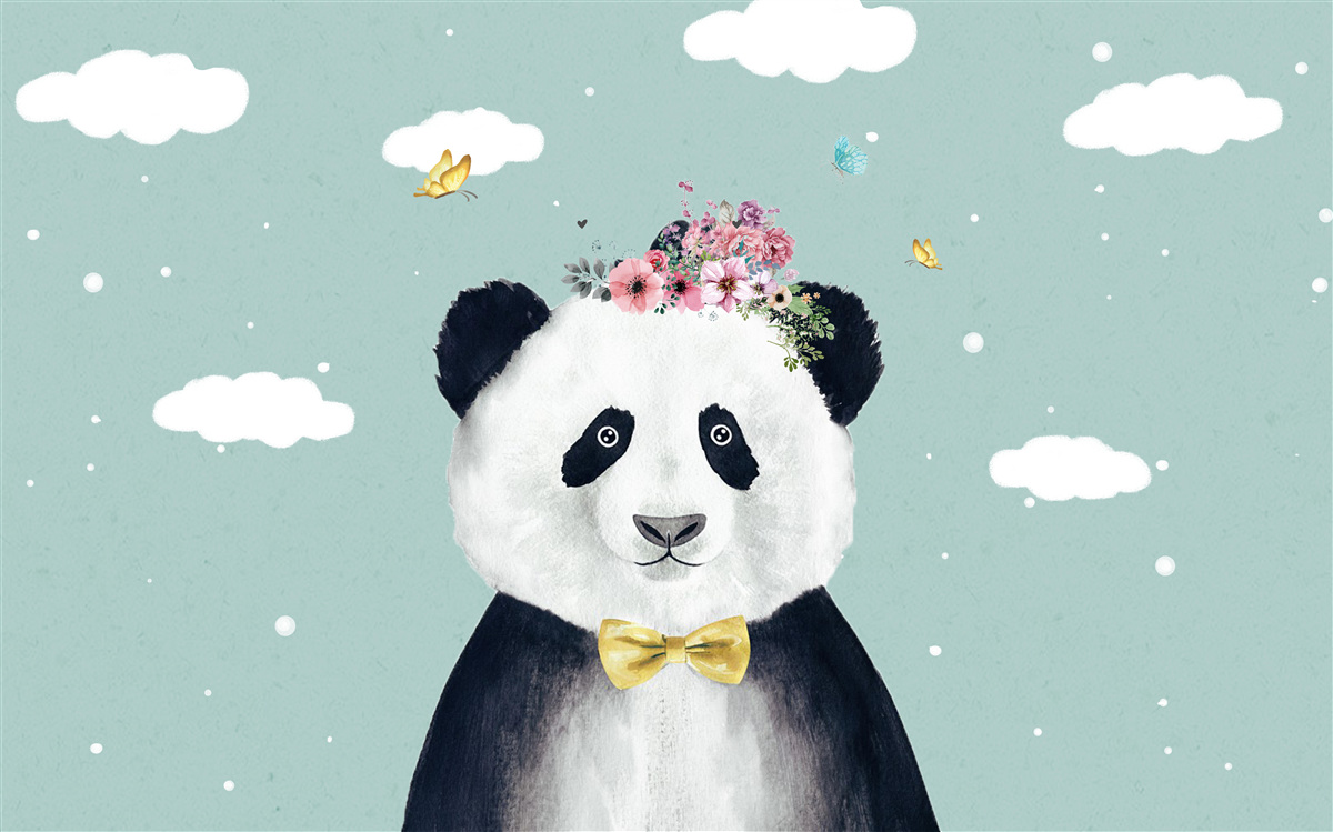 Fotobehang wolken werden de achtergrond voor een panda met bloemen