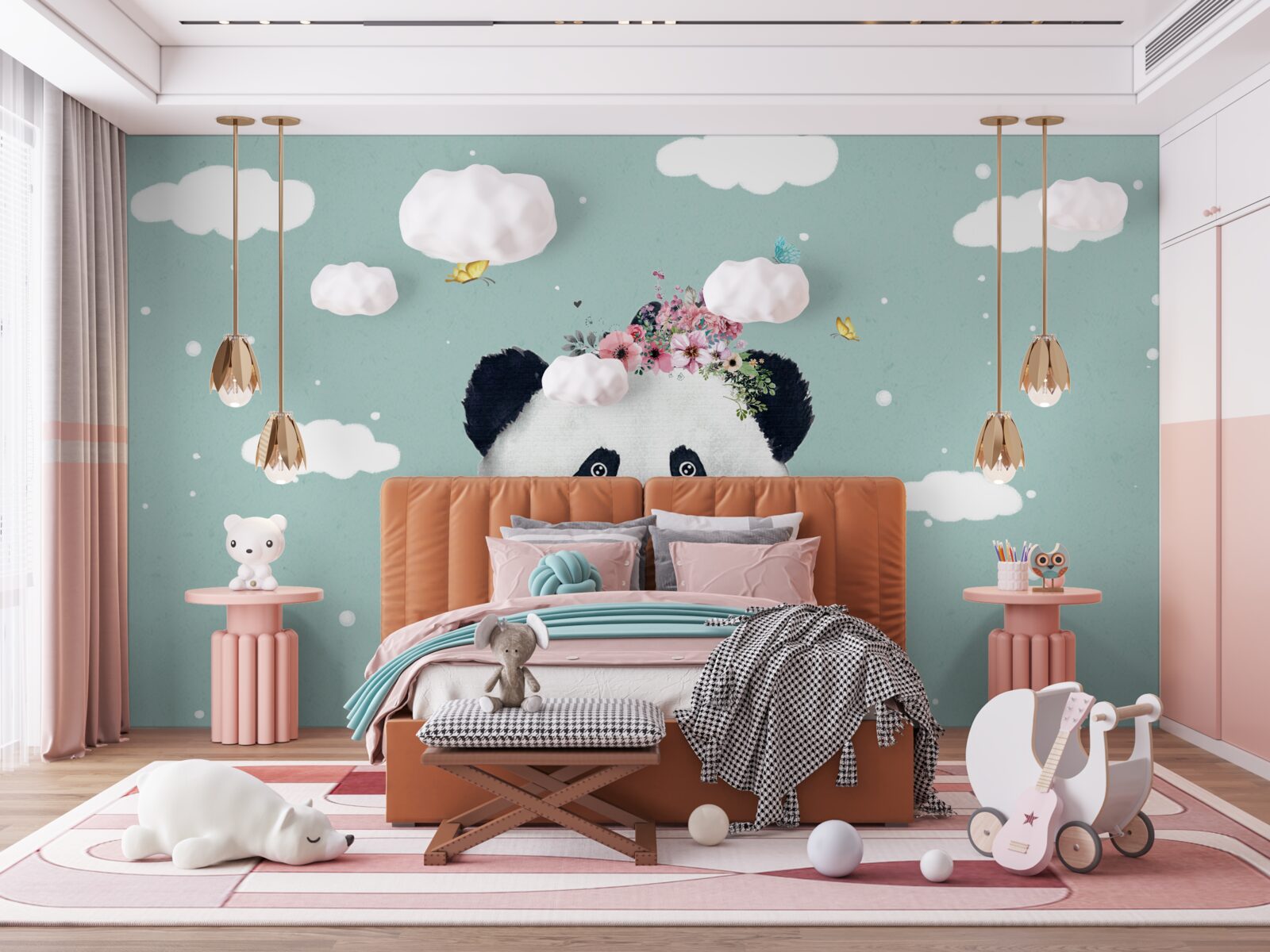 Fotobehang wolken werden de achtergrond voor een panda met bloemen